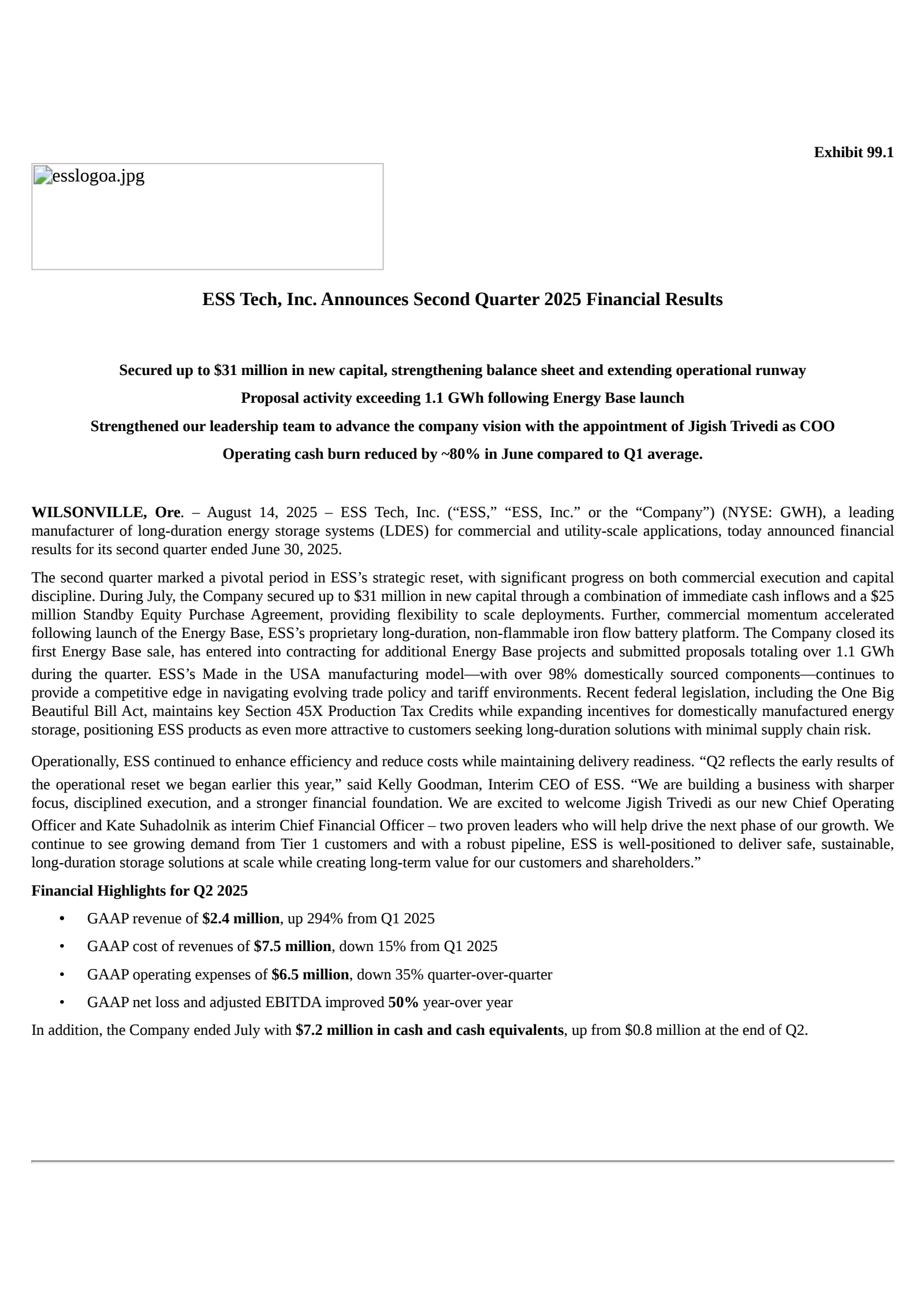 ESS Tech's Q2 2025 Press Release