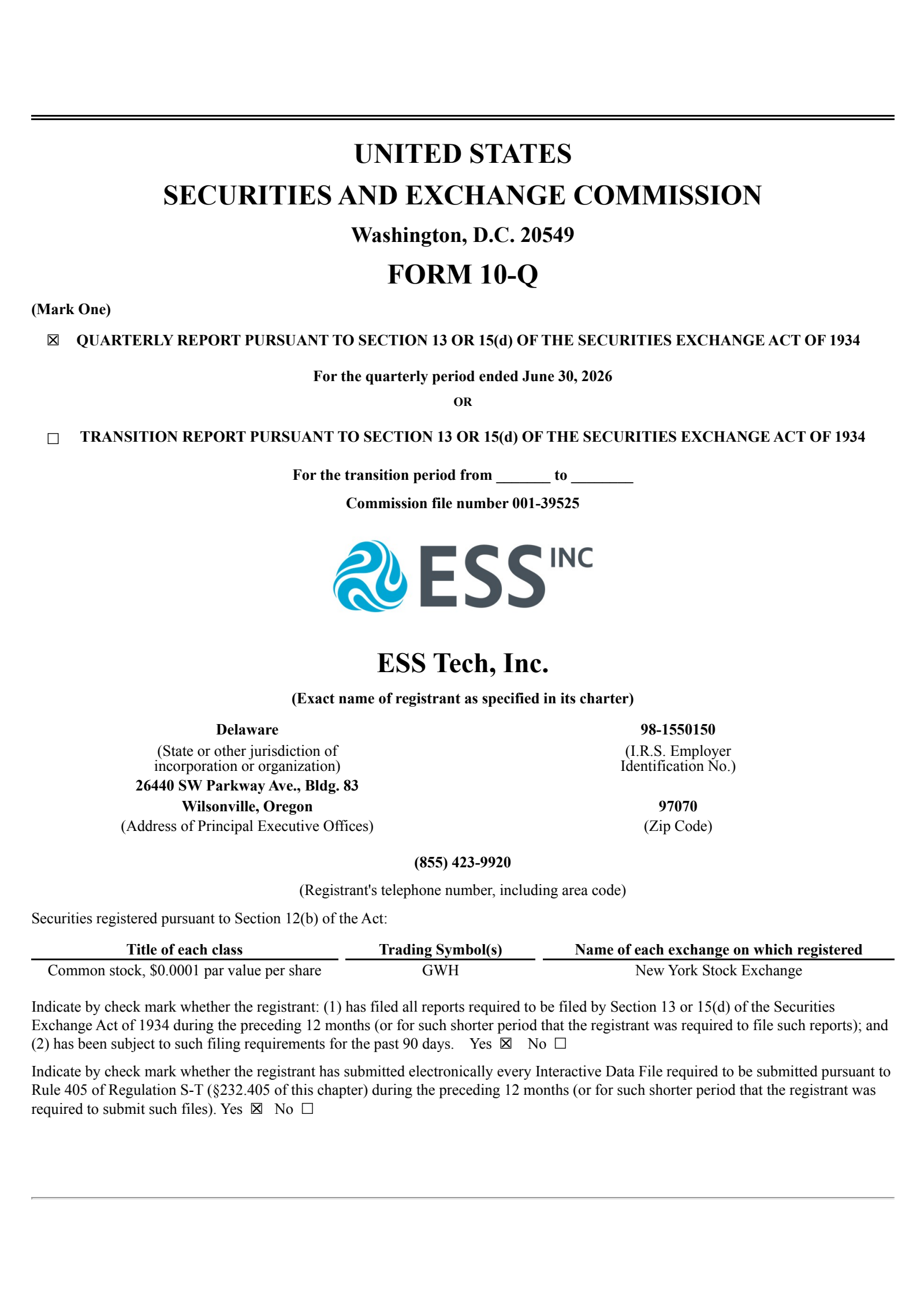 ESS Tech's Q2 2026 Quarterly report