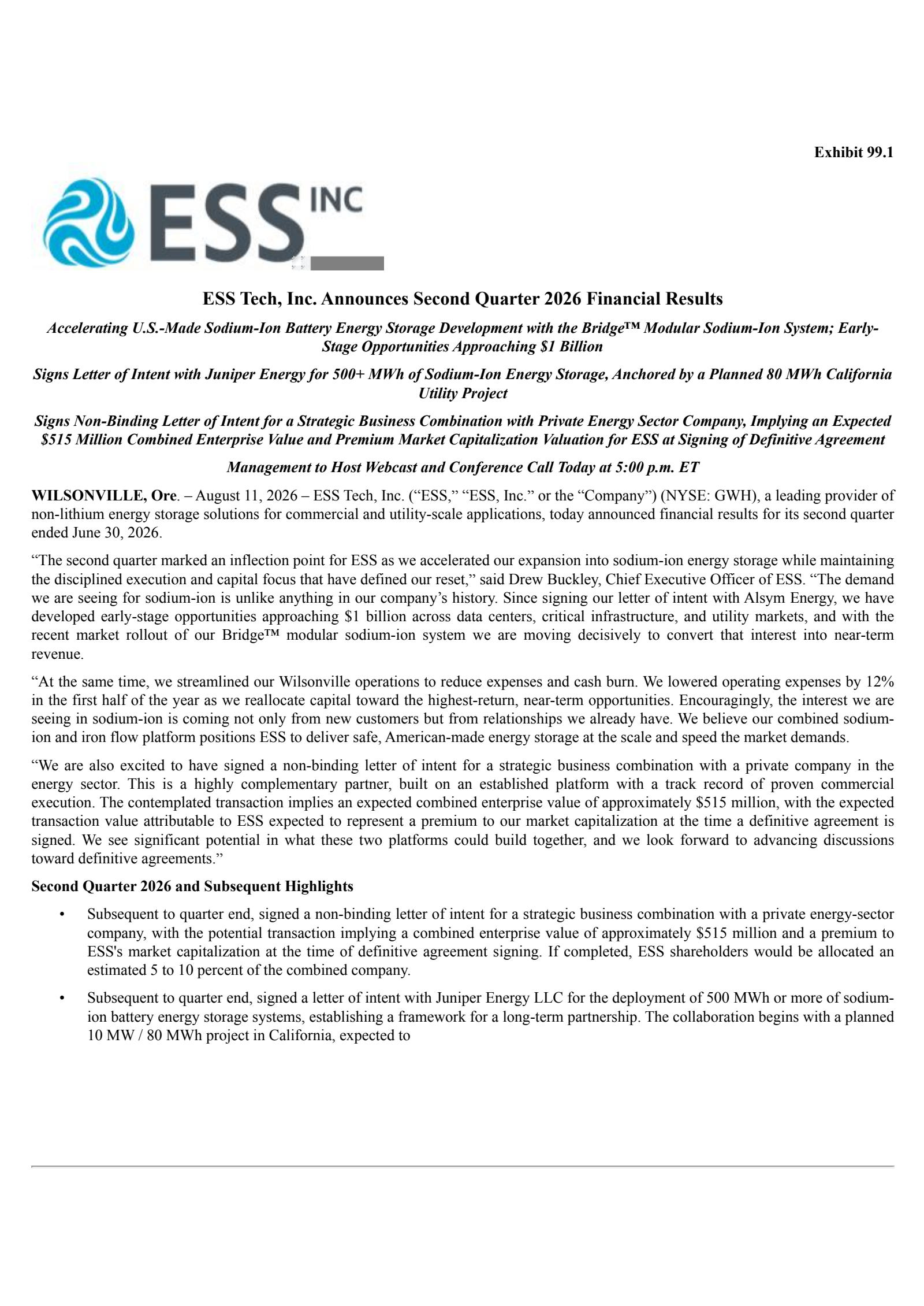 ESS Tech's Q2 2026 Press Release