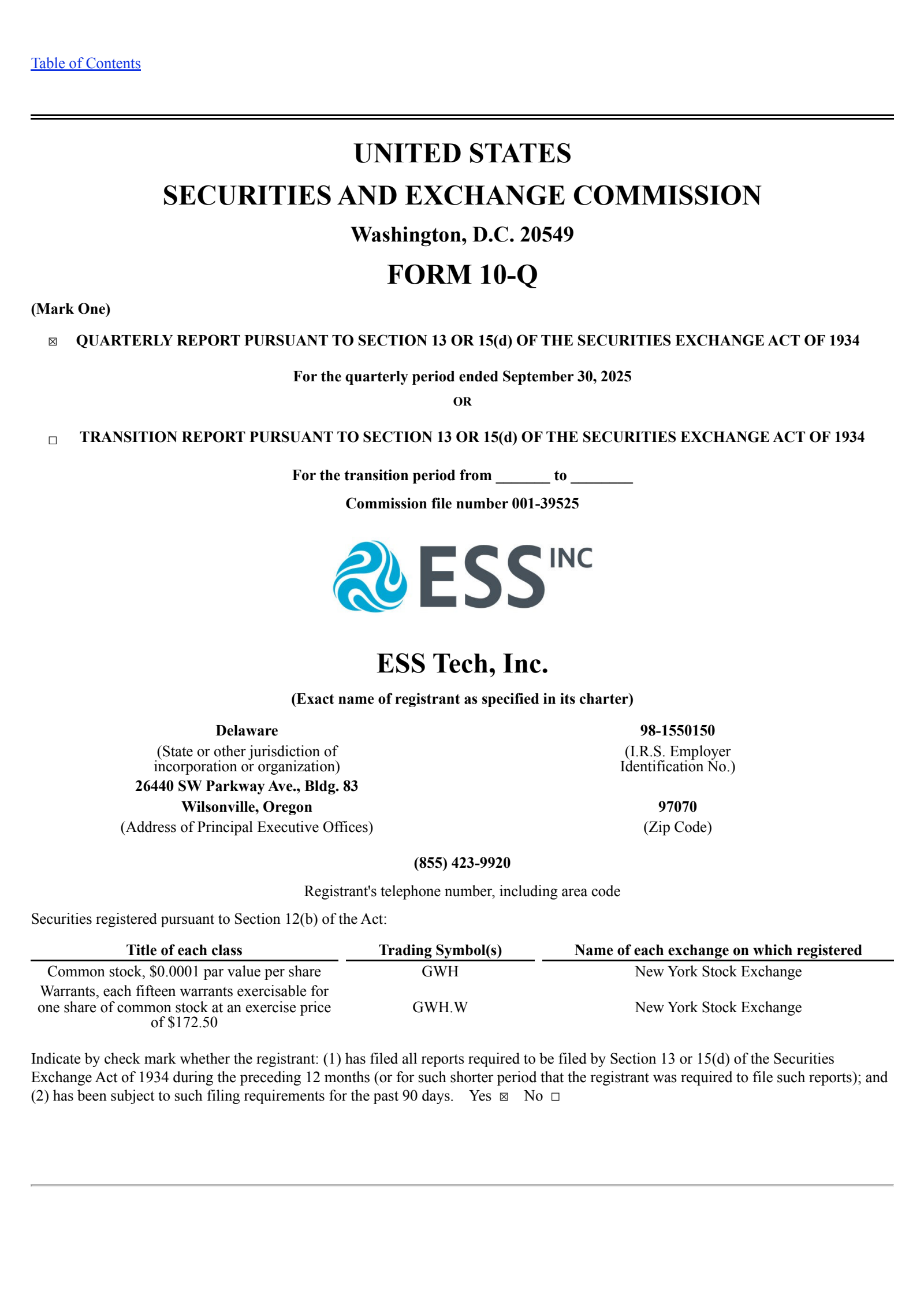 ESS Tech's Q3 2025 Quarterly Report