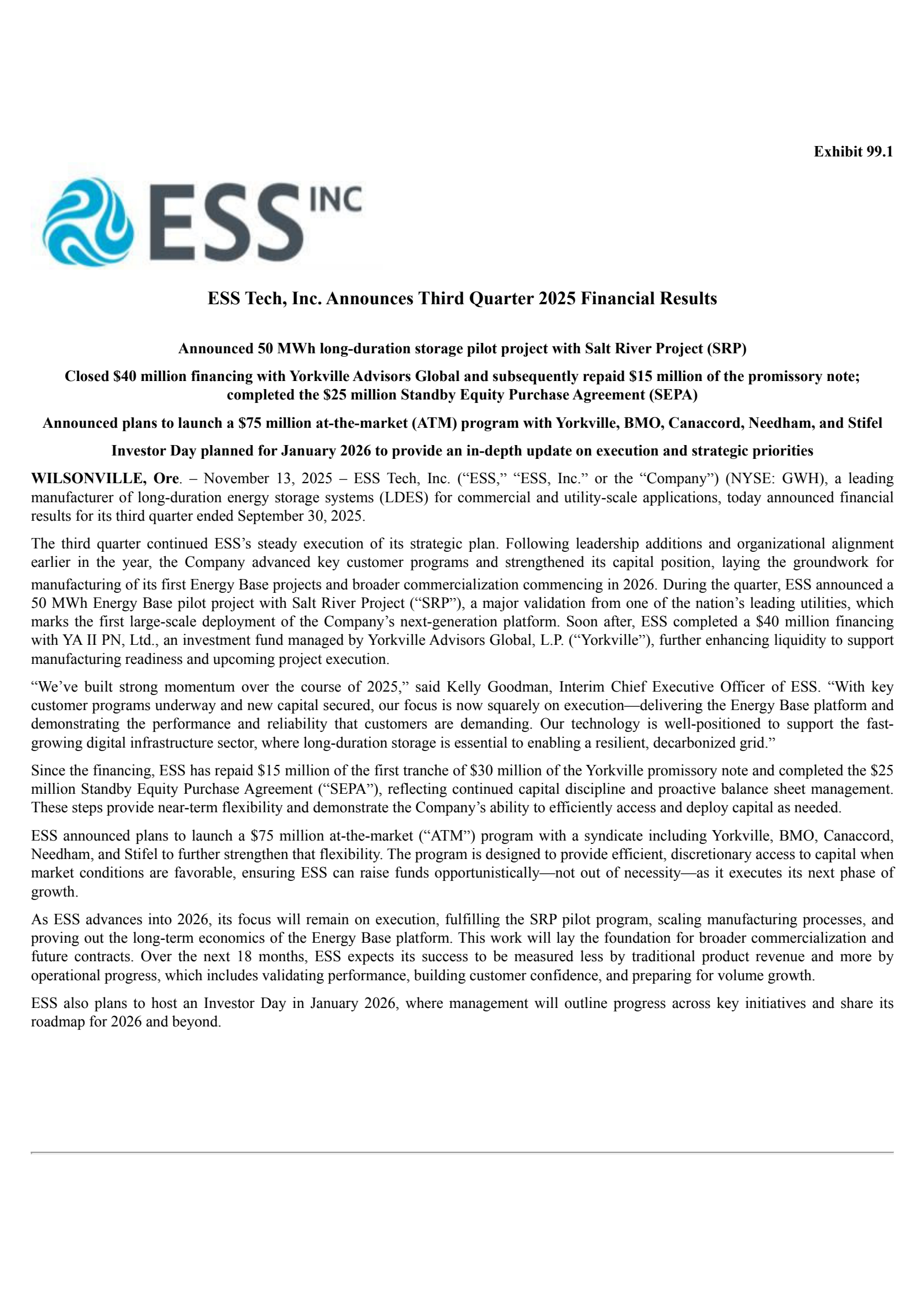 ESS Tech's Q3 2025 Earnings Release