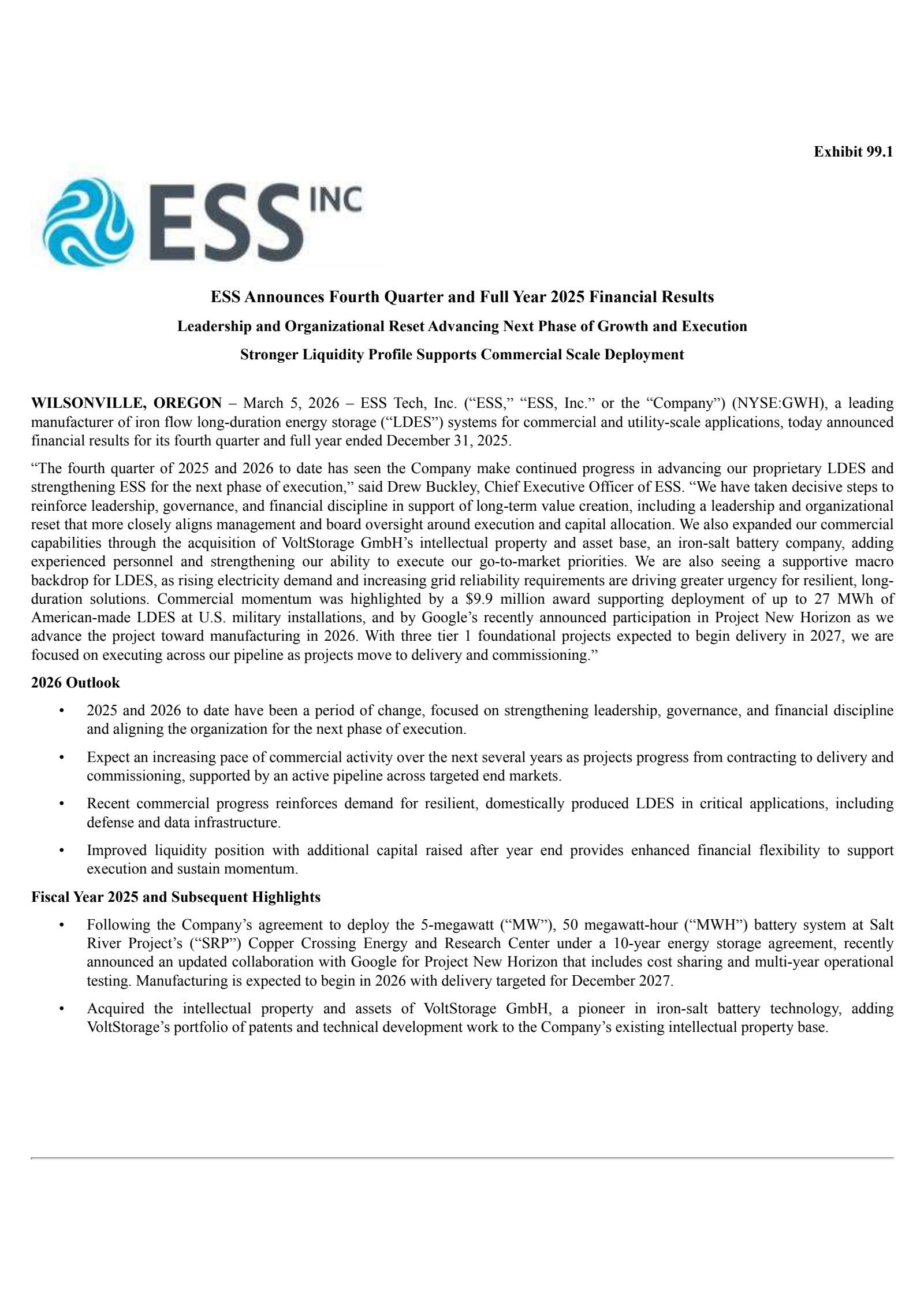ESS Tech's Q4 2025 Press Release