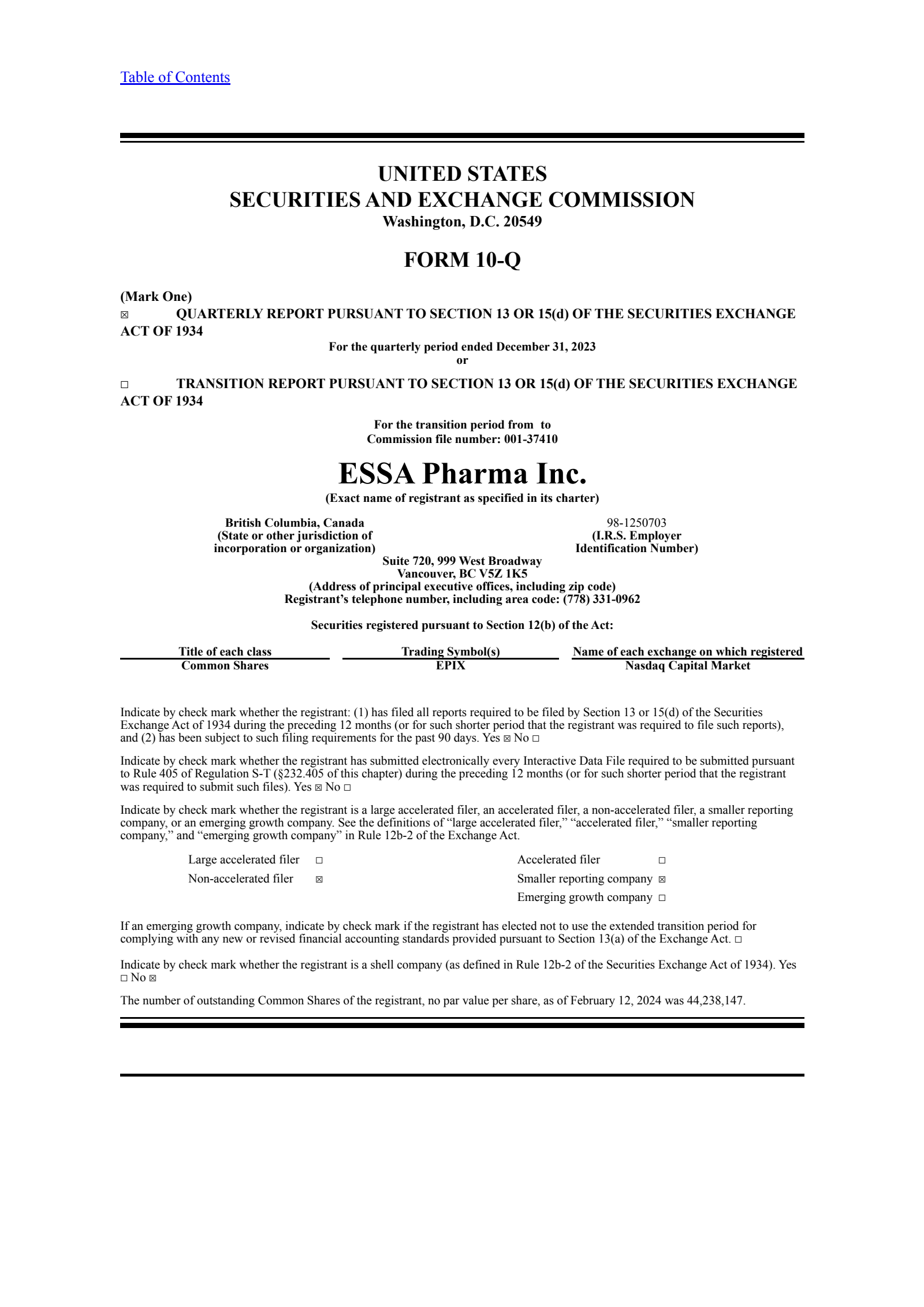 ESSA Pharma's Q1 2024 Quarterly report