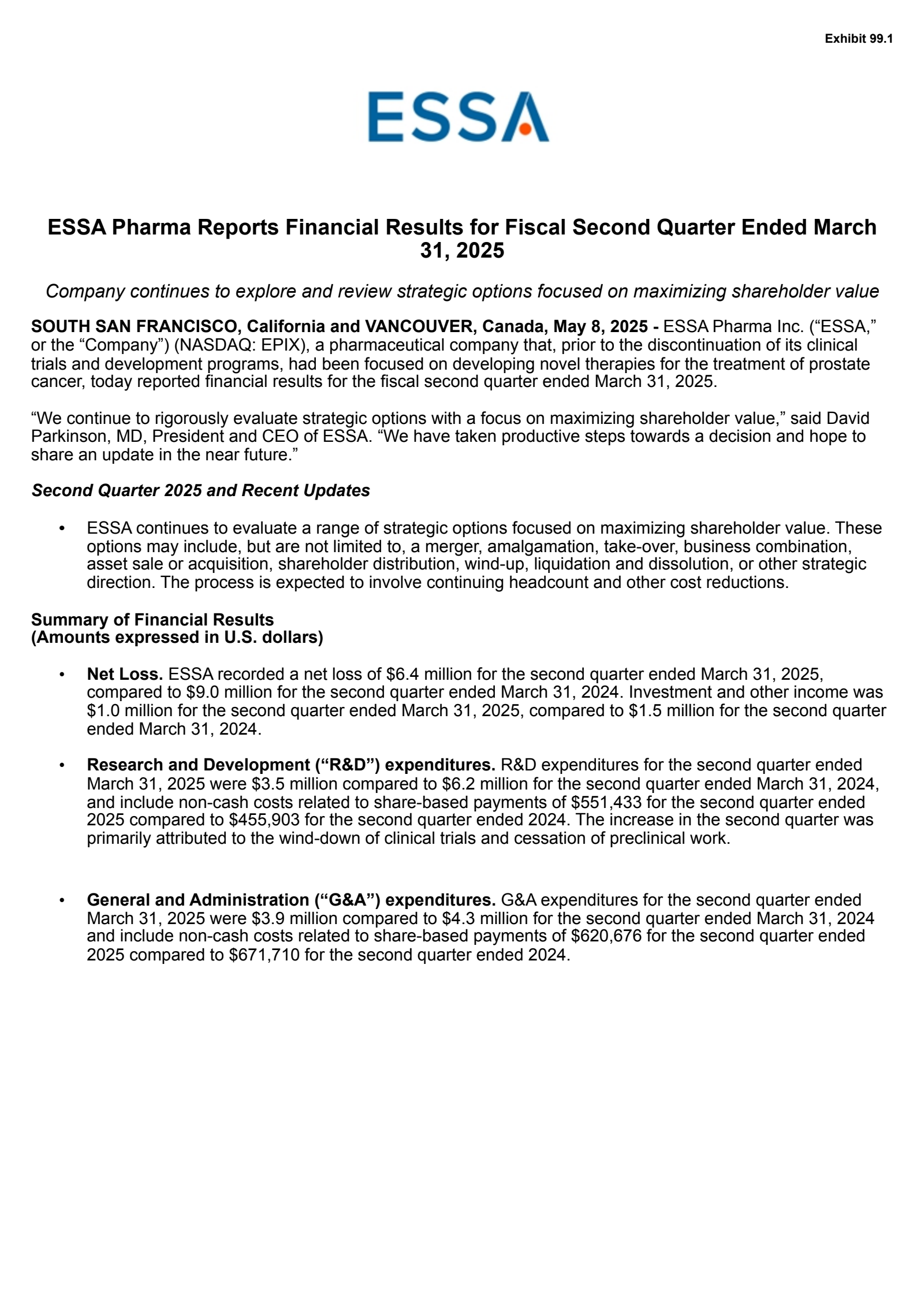 ESSA Pharma's Q2 2025 Press Release