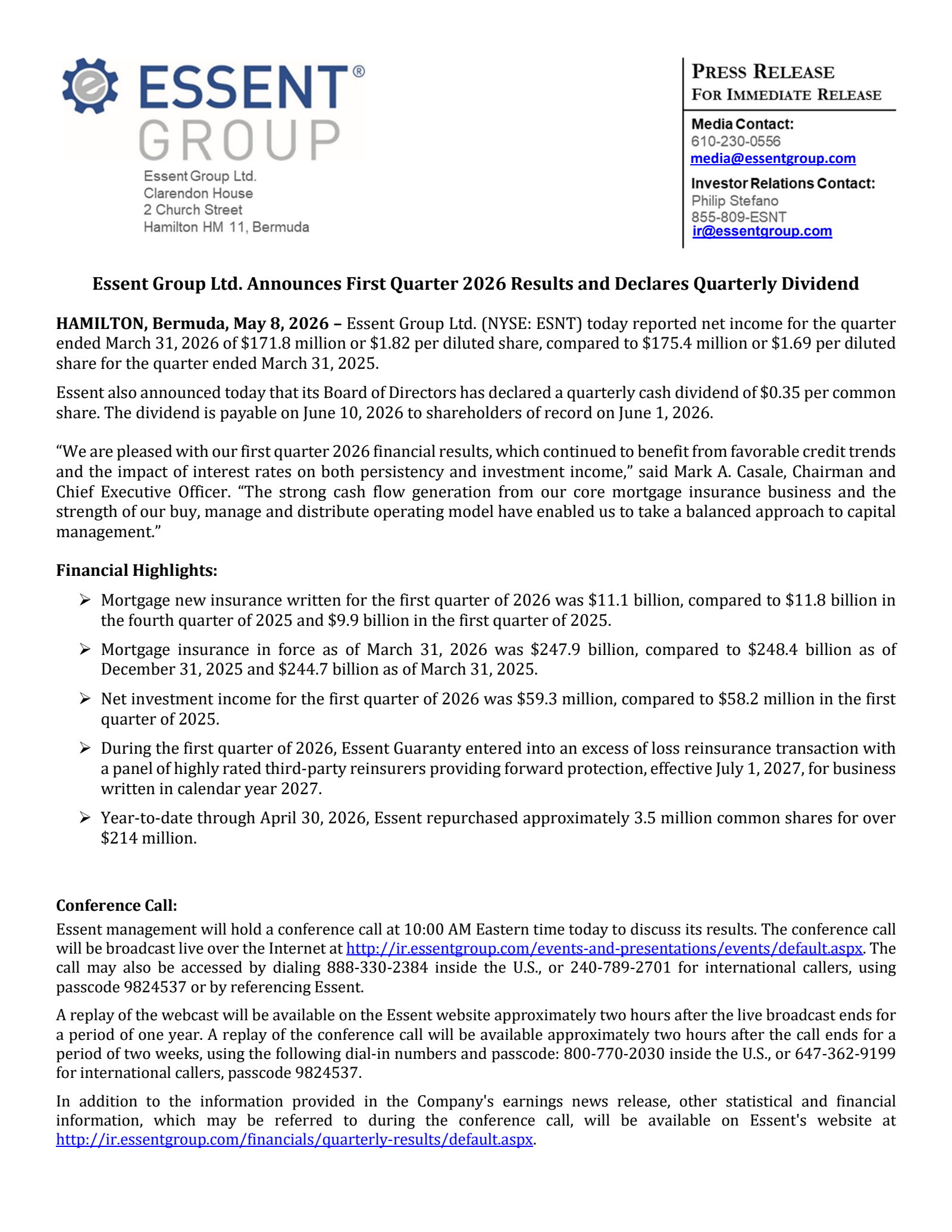 Essent Group's Q1 2026 Press Release