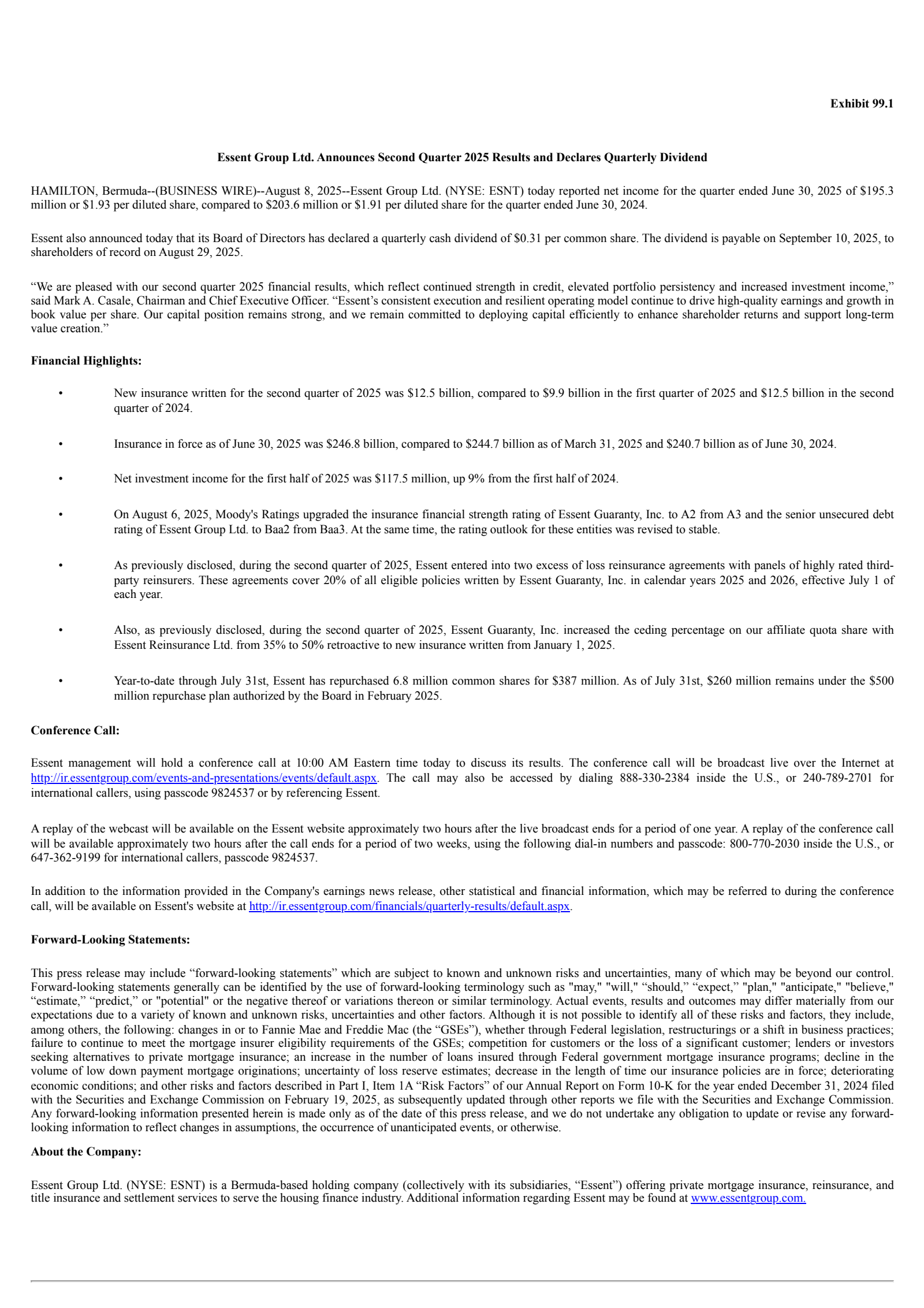 Essent Group's Q2 2025 Press Release