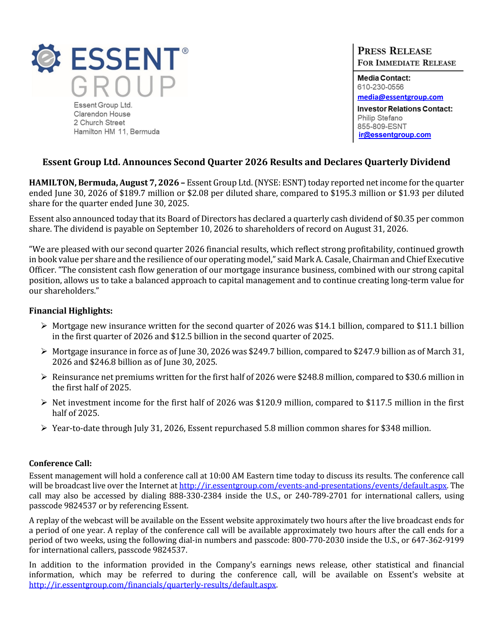 Essent Group's Q2 2026 Press Release