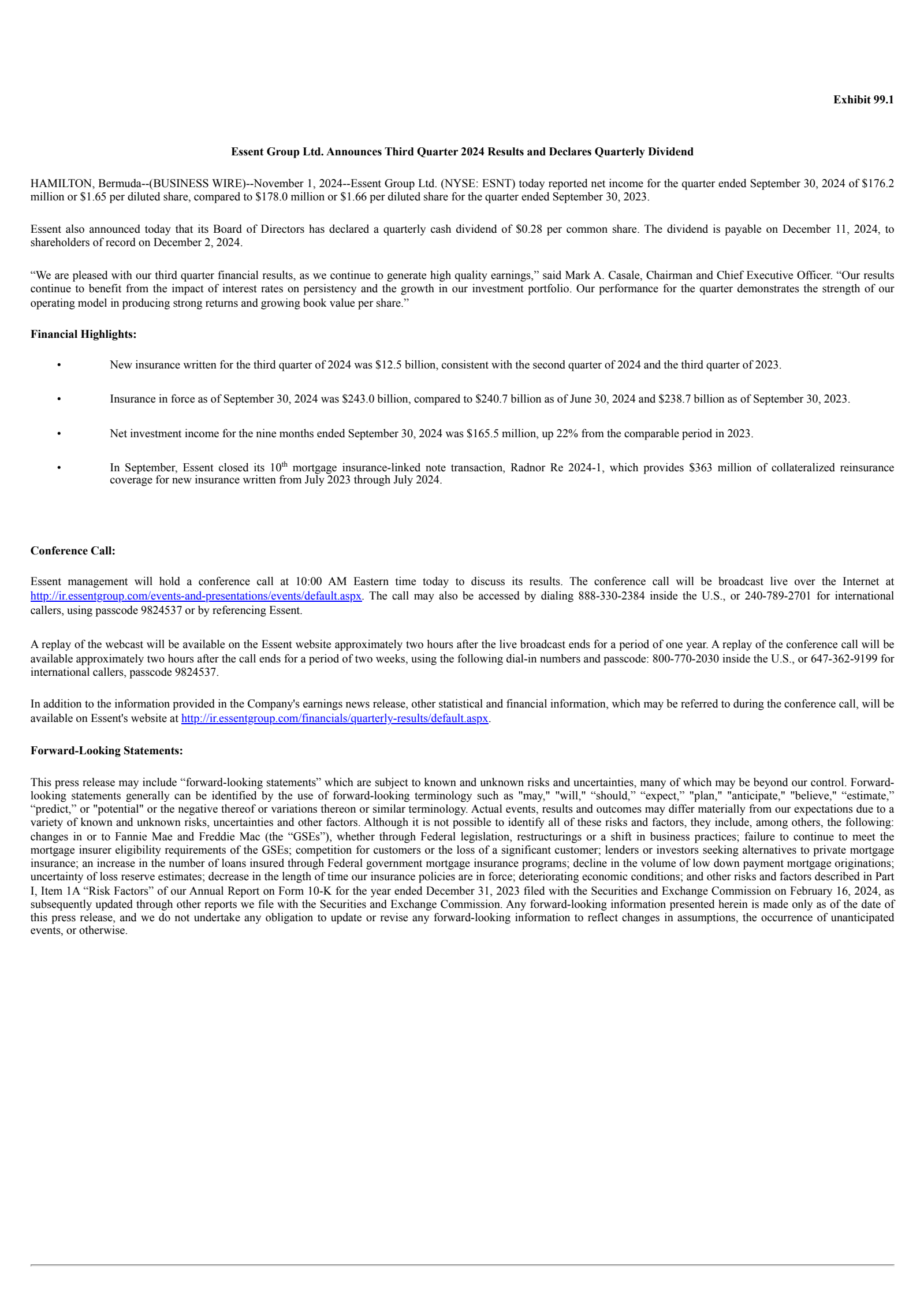 Essent Group's Q3 2024 Press Release