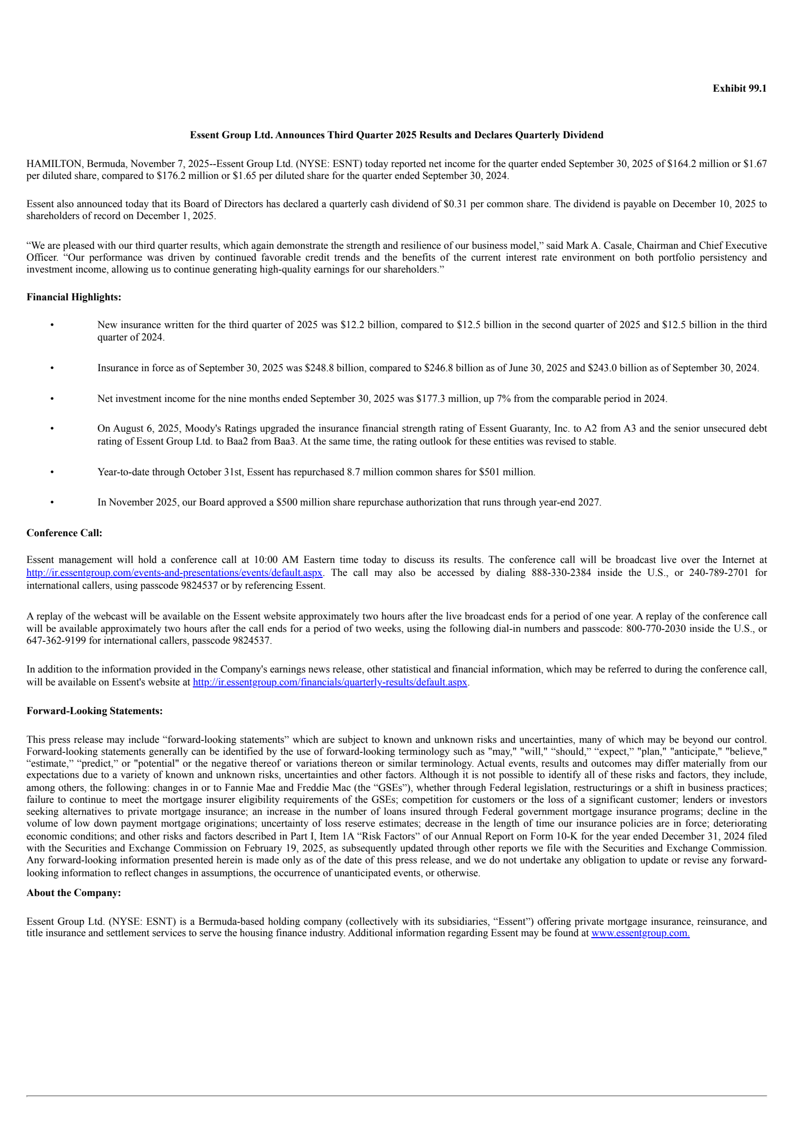 Essent Group's Q3 2025 Earnings Release