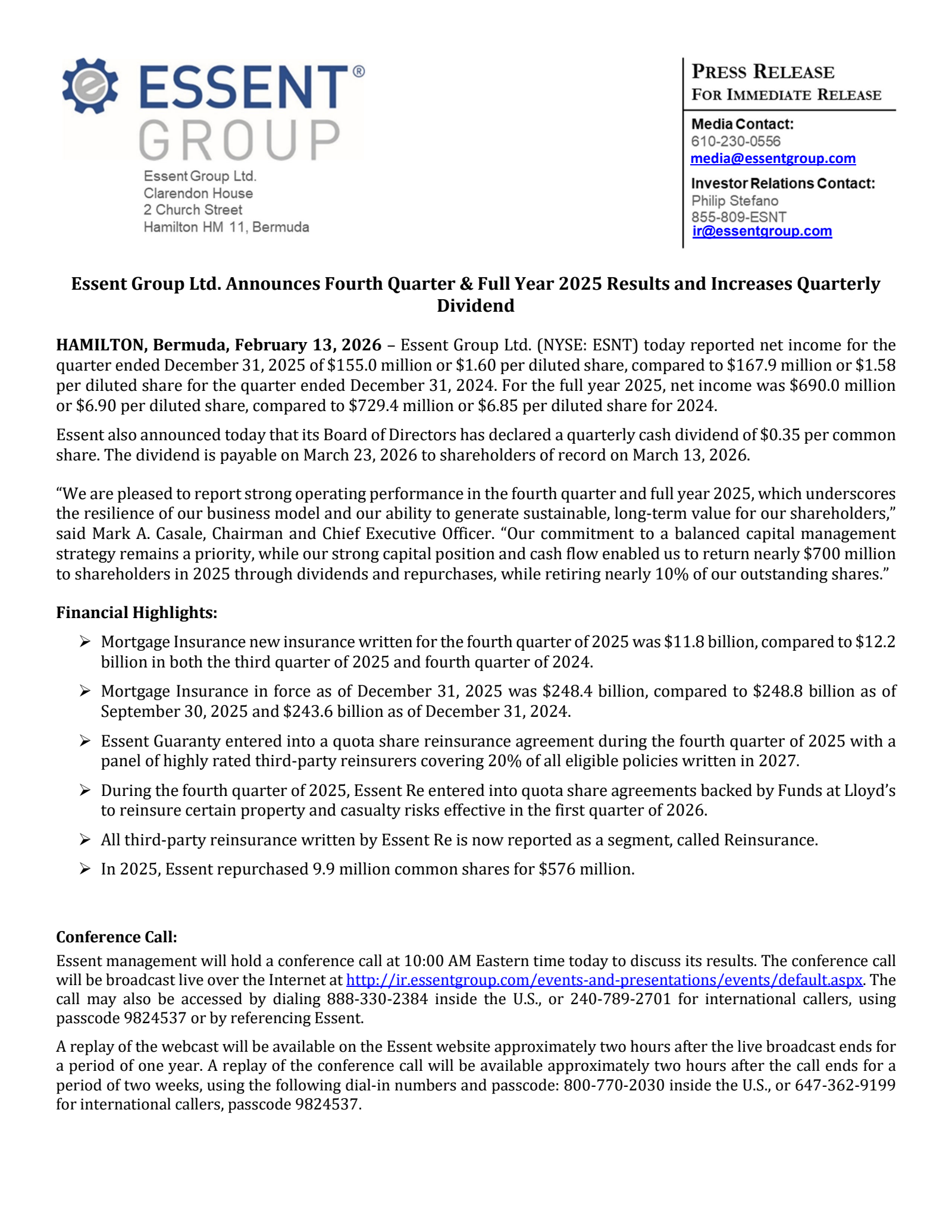 Essent Group's Q4 2025 Press Release