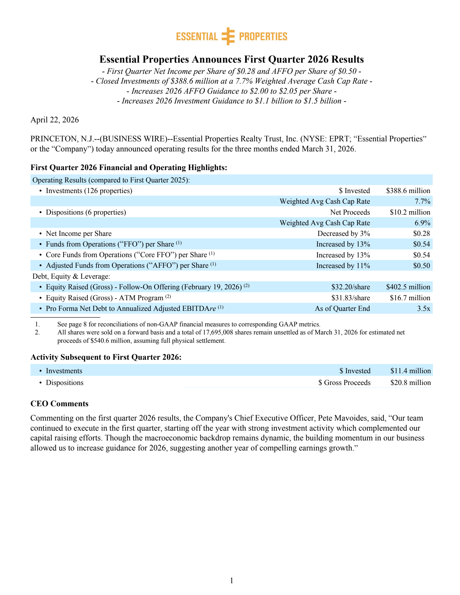 Essential Properties Realty Trust's Q1 2026 Press Release