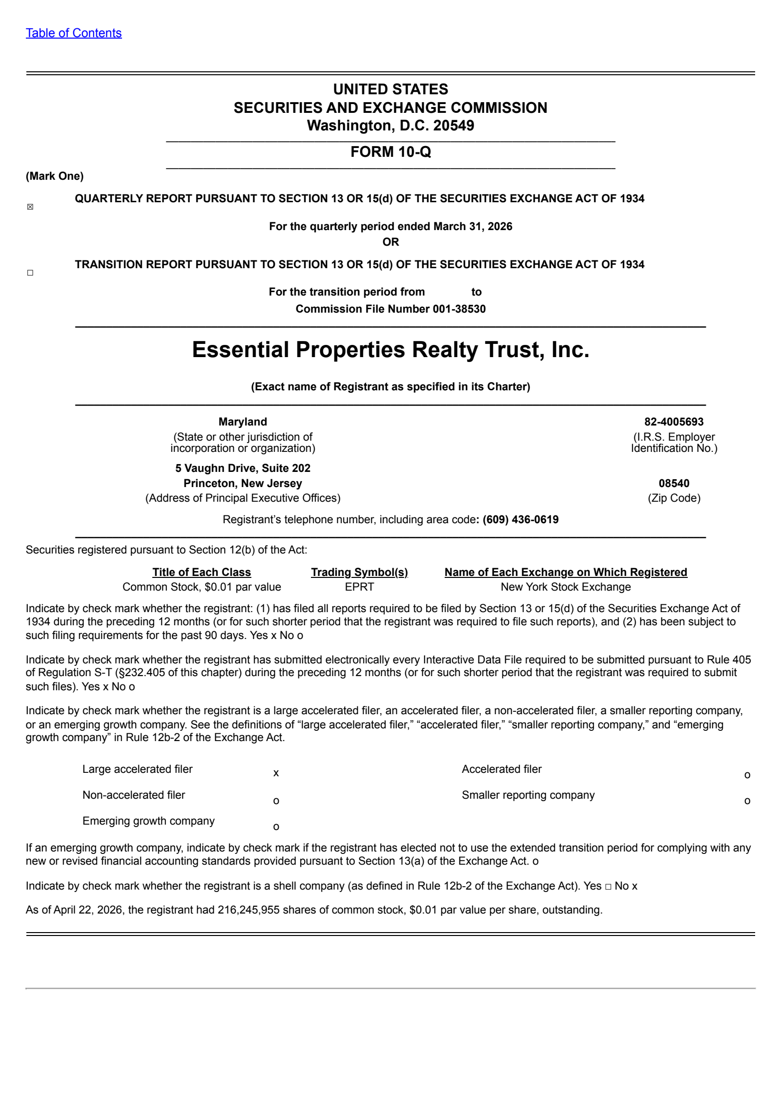 Essential Properties Realty Trust's Q1 2026 Quarterly report