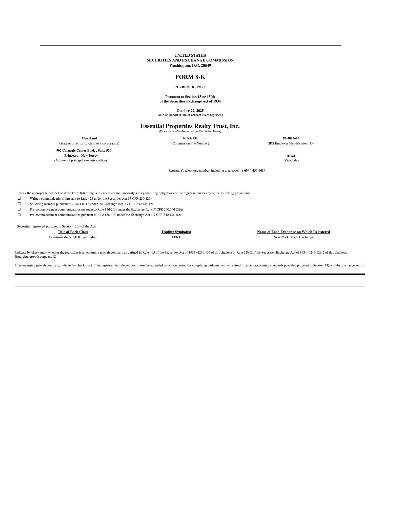 Essential Properties Realty Trust's Q3 2025 Earnings Release