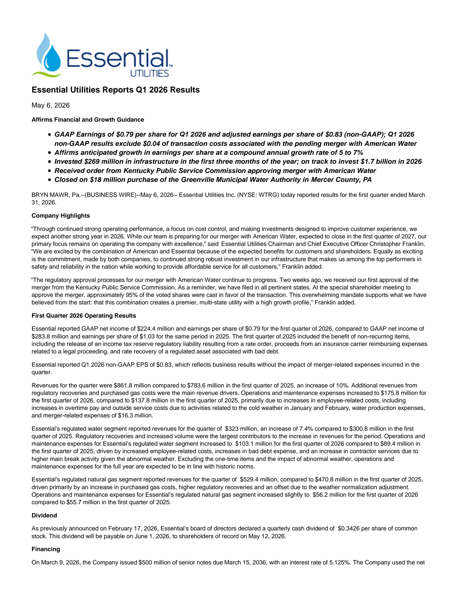 Essential Utilities' Q1 2026 Press Release