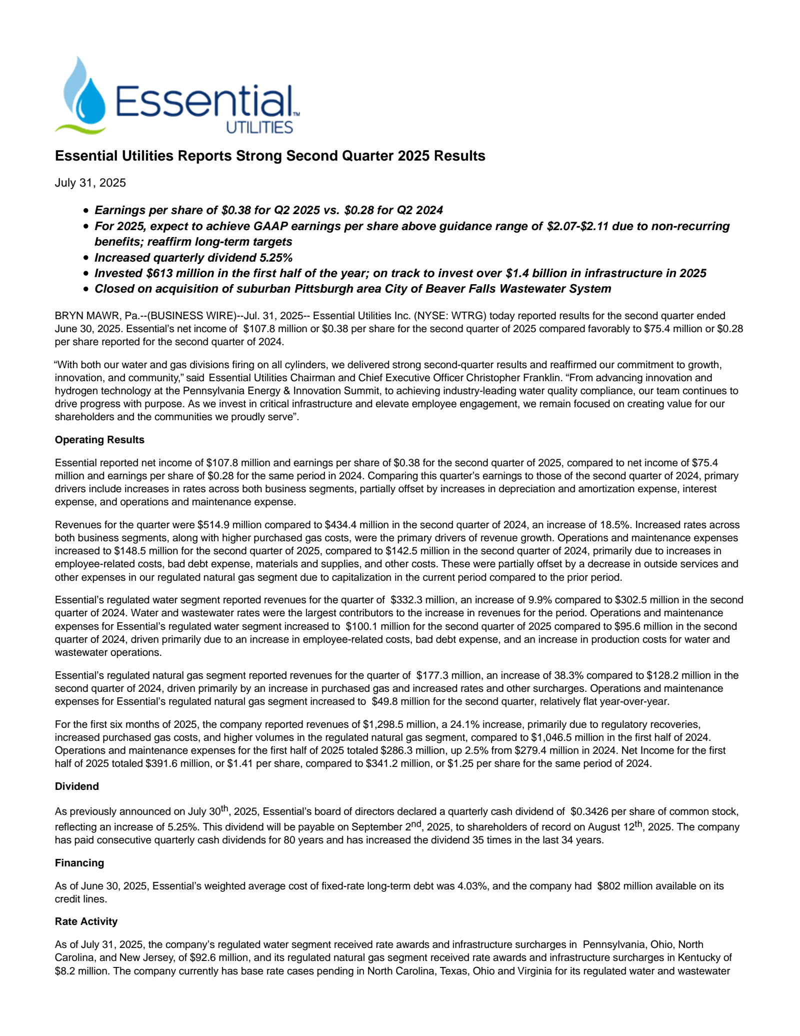 Essential Utilities' Q2 2025 Press Release