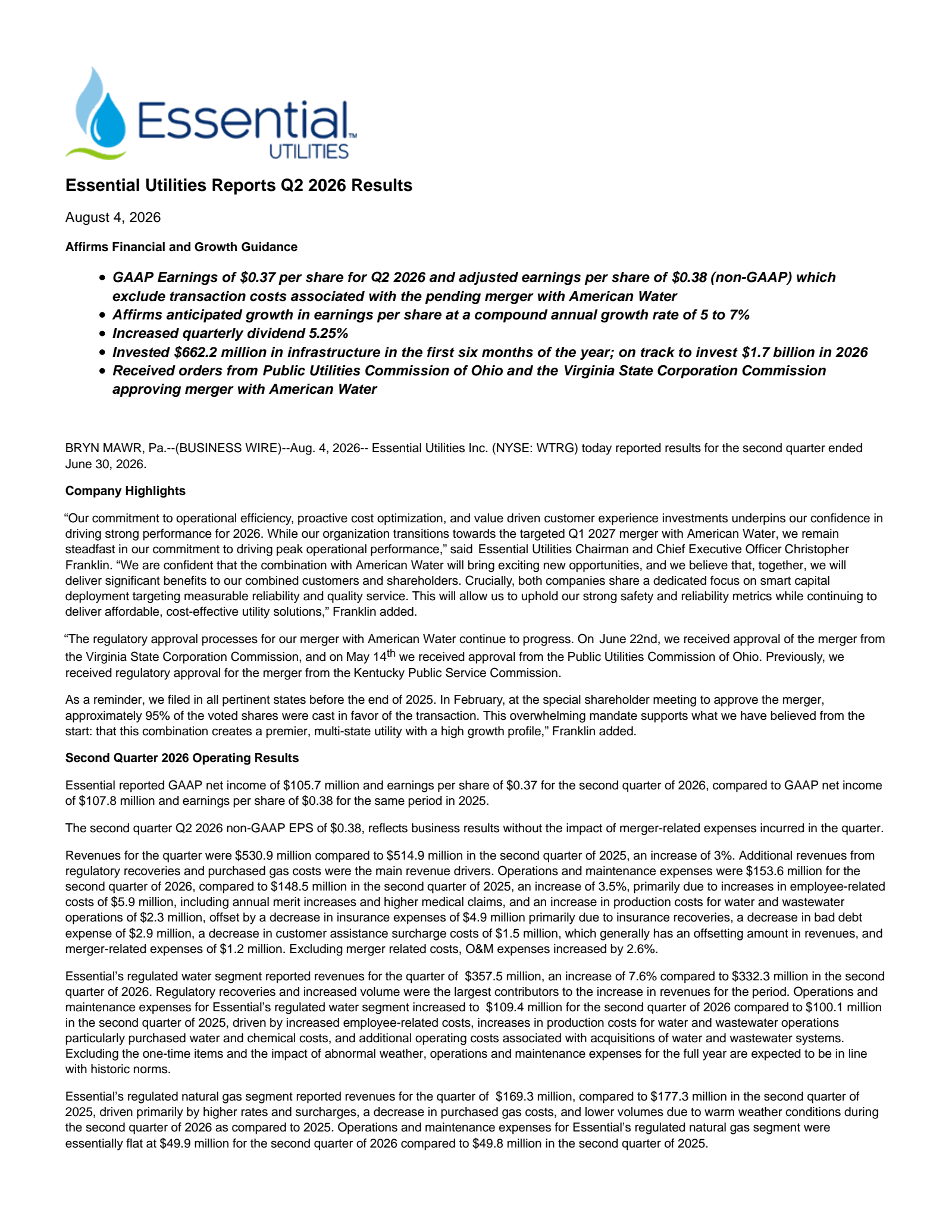 Essential Utilities' Q2 2026 Press Release