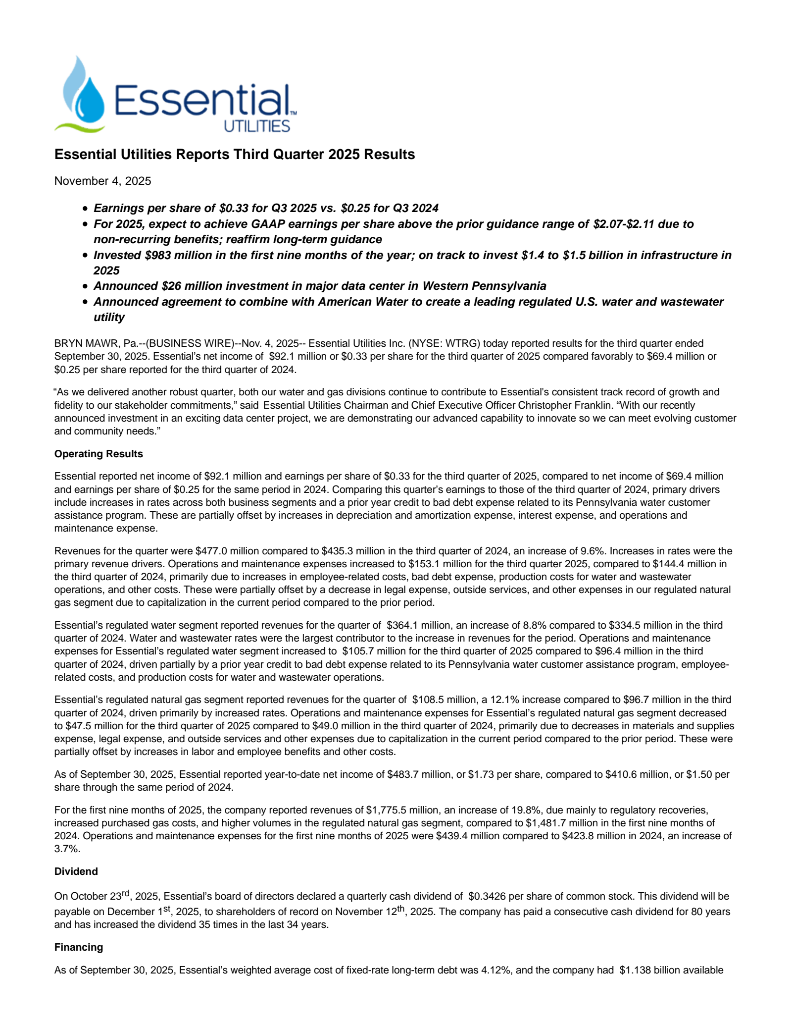 Essential Utilities' Q3 2025 Earnings Release
