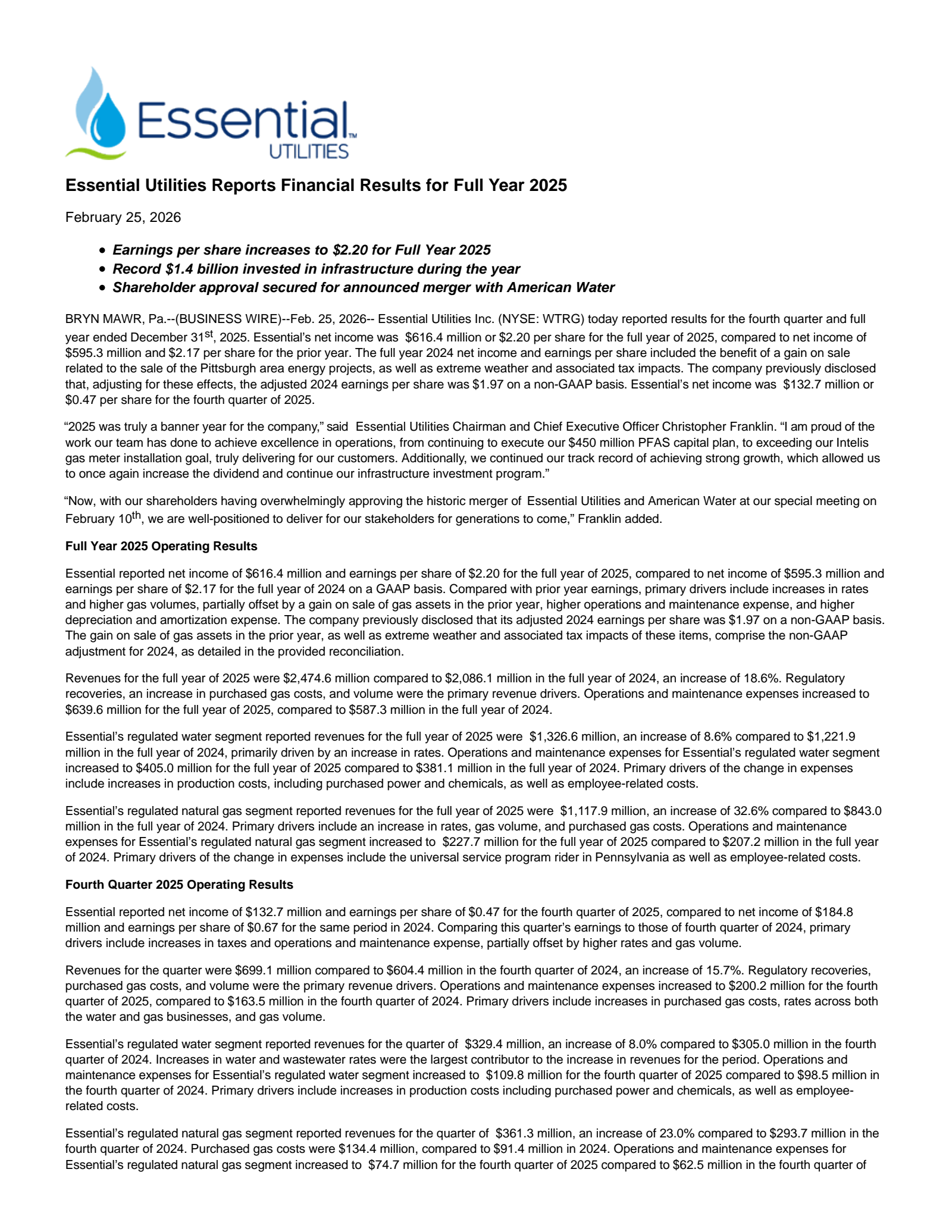 Essential Utilities' Q4 2025 Press Release