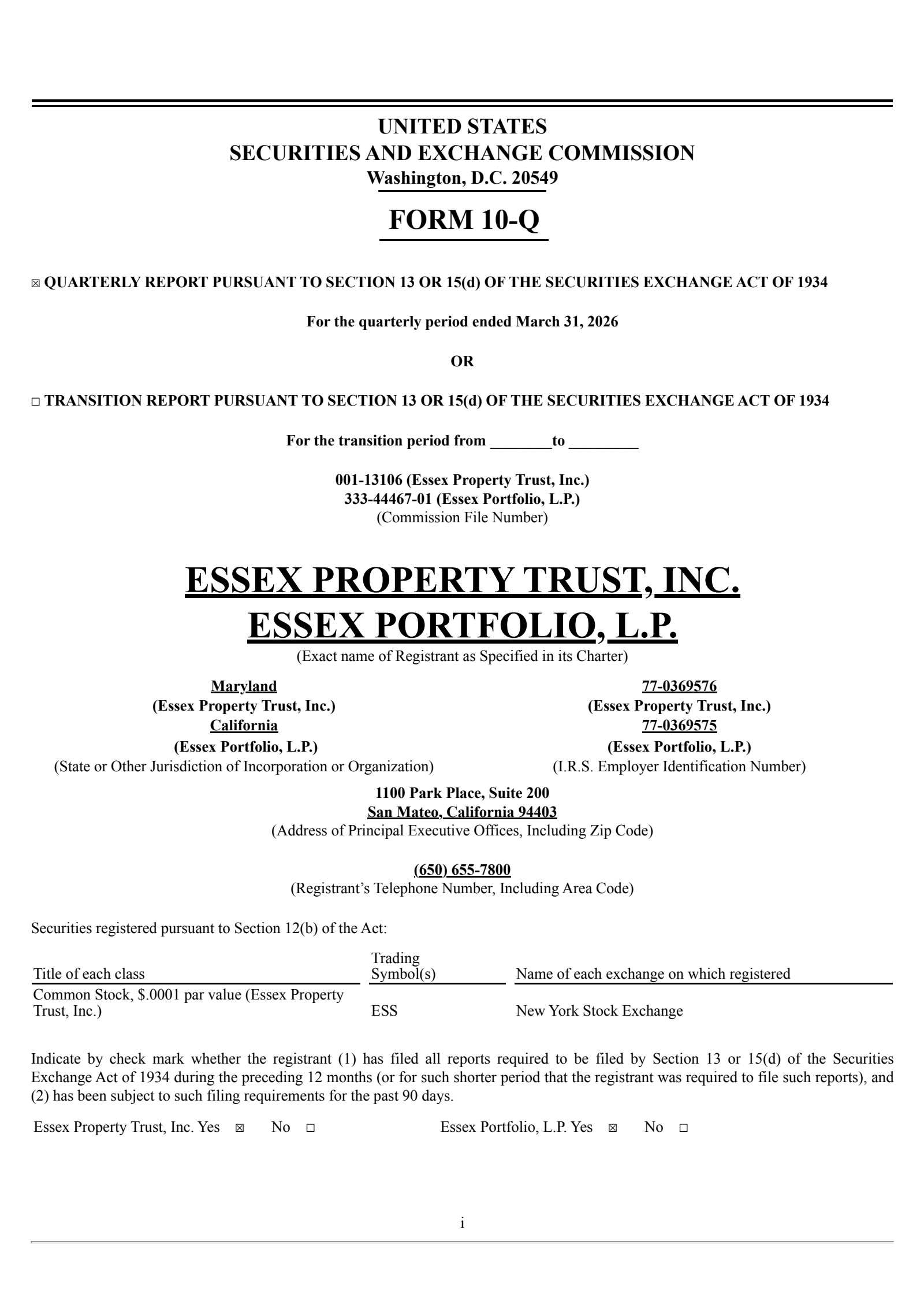 Essex Property Trust's Q1 2026 Quarterly report