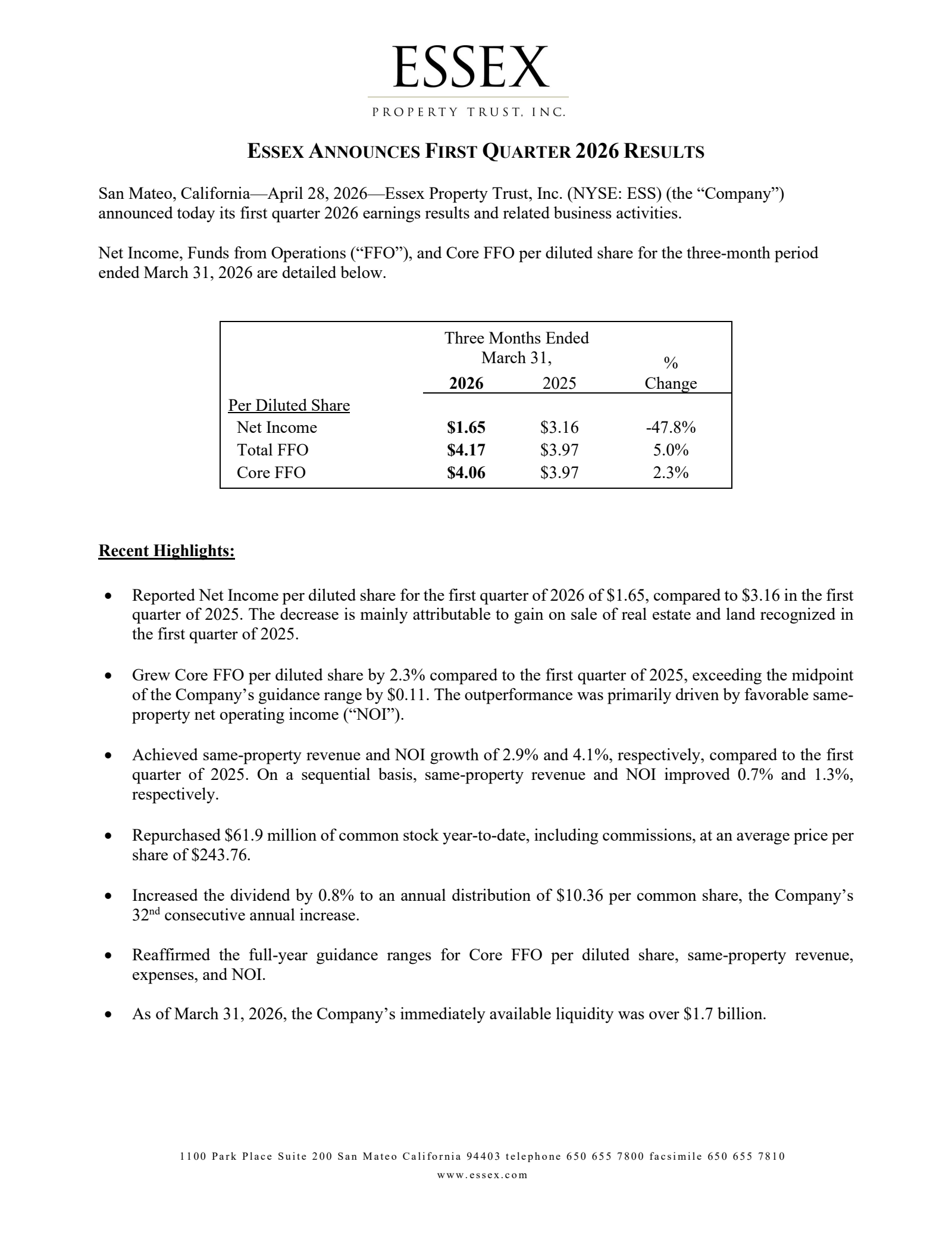 Essex Property Trust's Q1 2026 Press Release