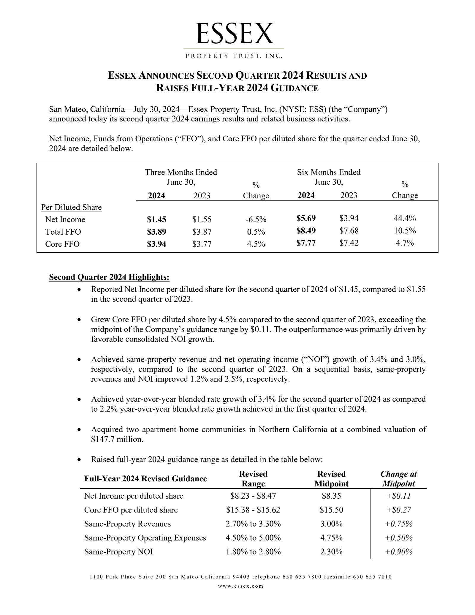 Essex Property Trust's Q2 2024 Press Release