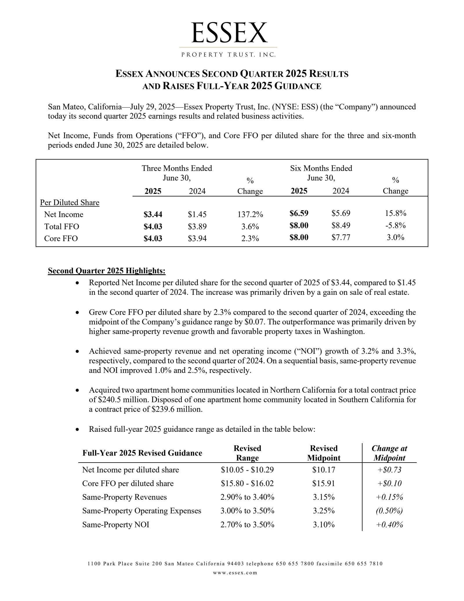 Essex Property Trust's Q2 2025 Press Release