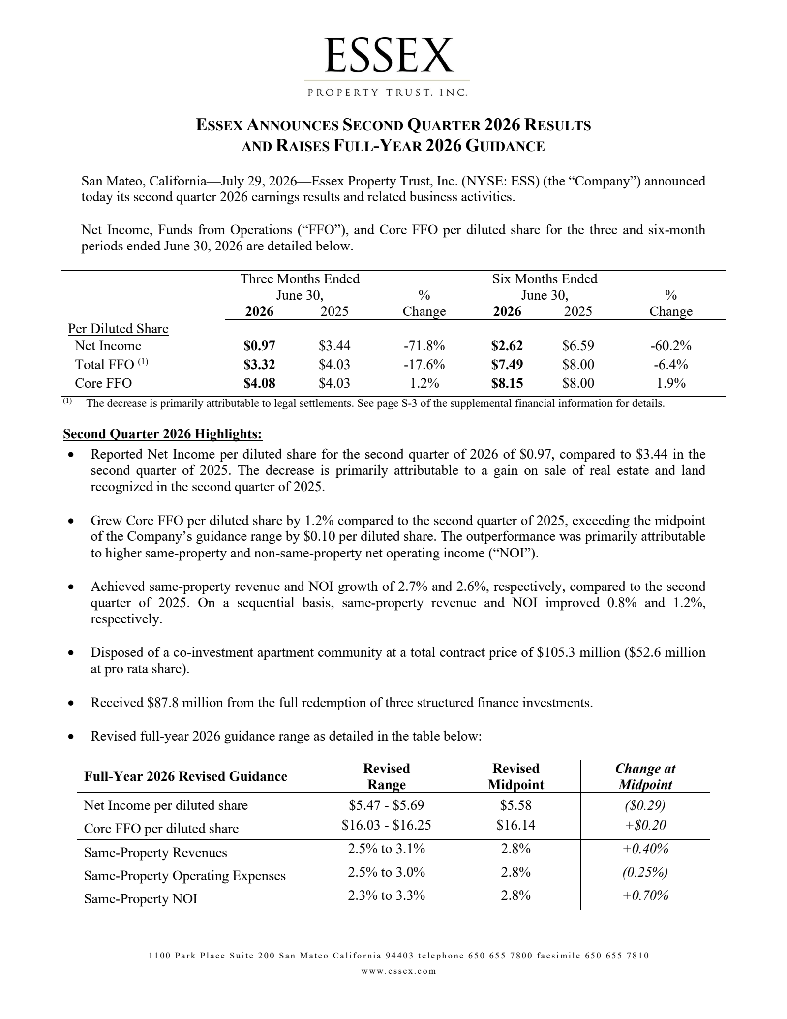 Essex Property Trust's Q2 2026 Press Release