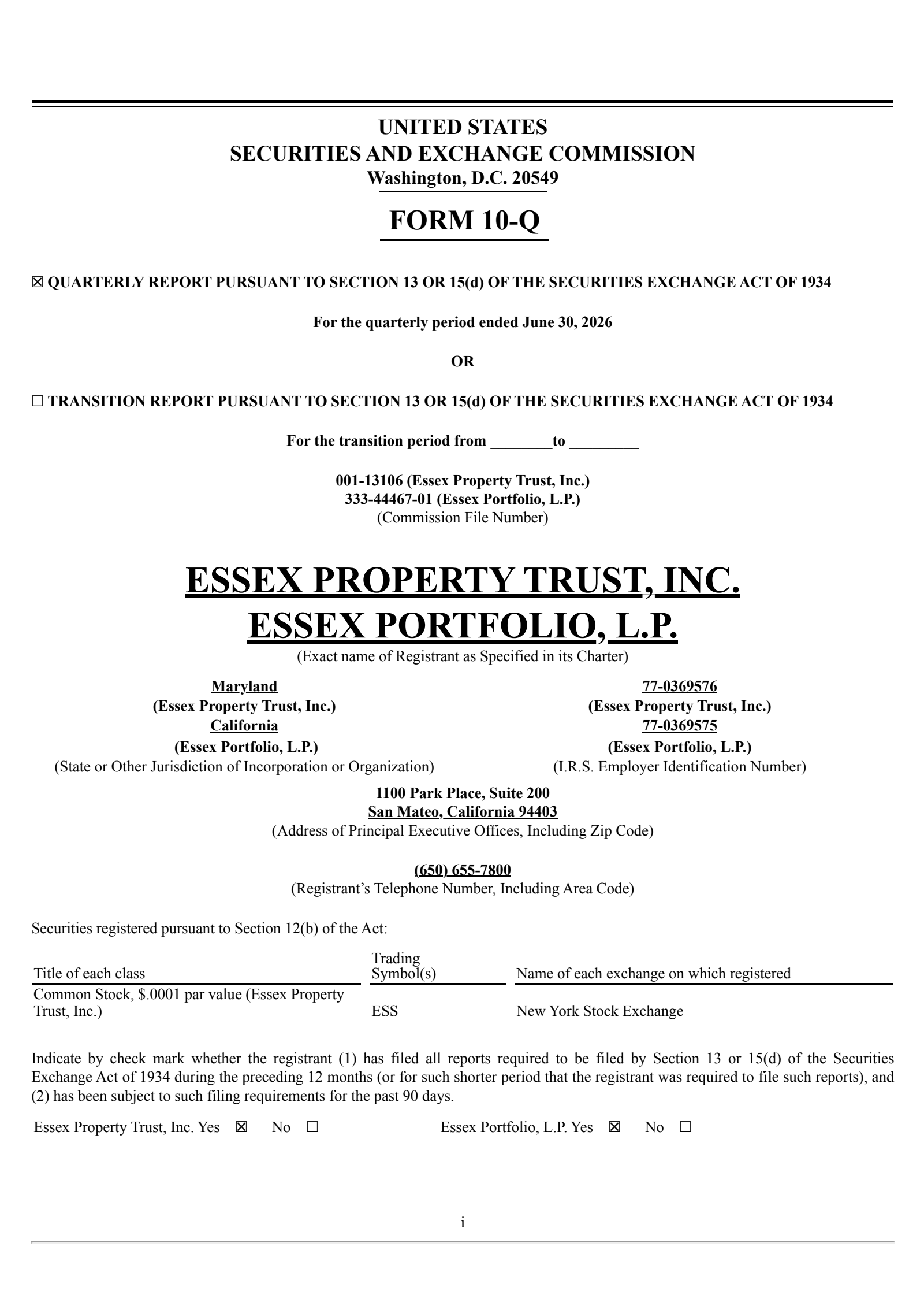 Essex Property Trust's Q2 2026 Quarterly report