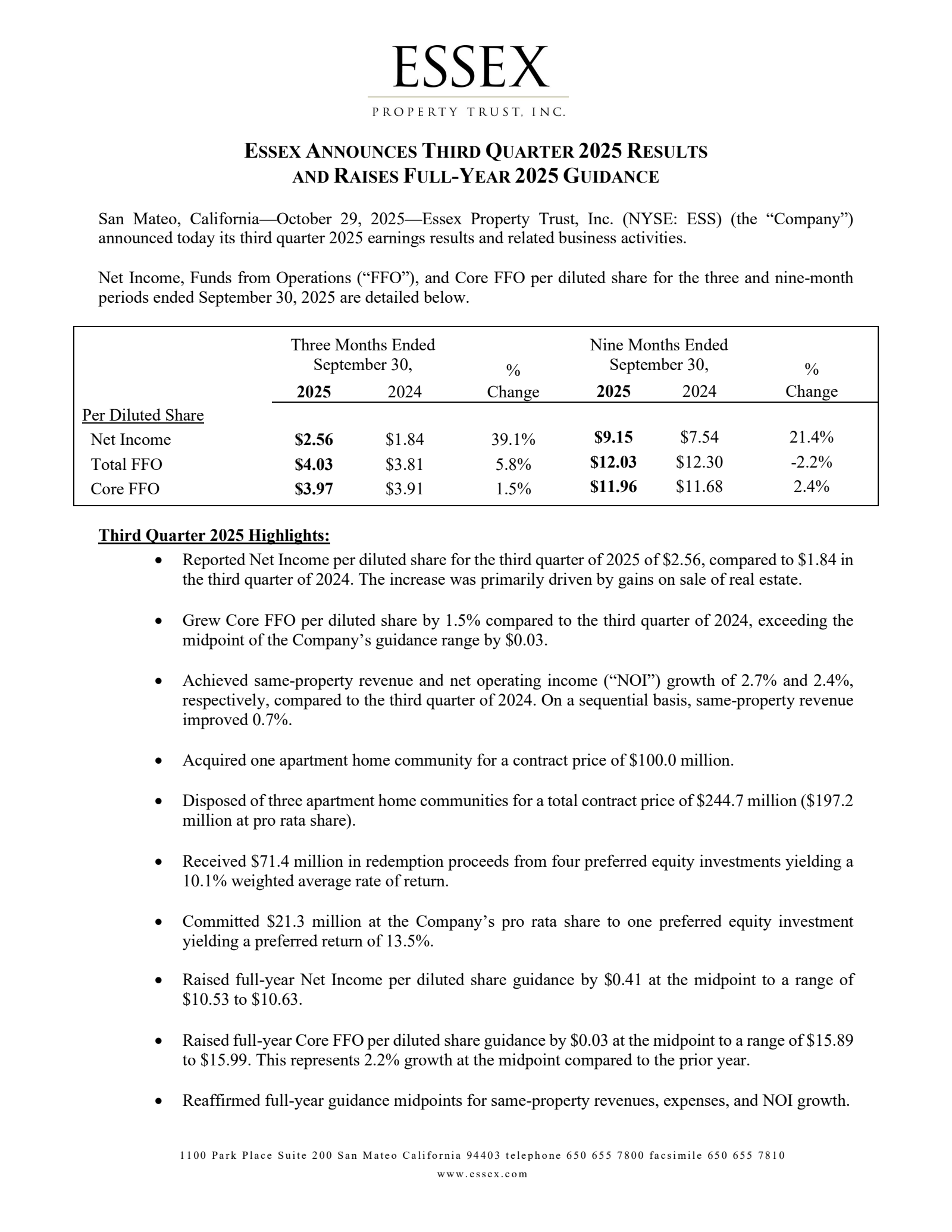 Essex Property Trust's Q3 2025 Earnings Release
