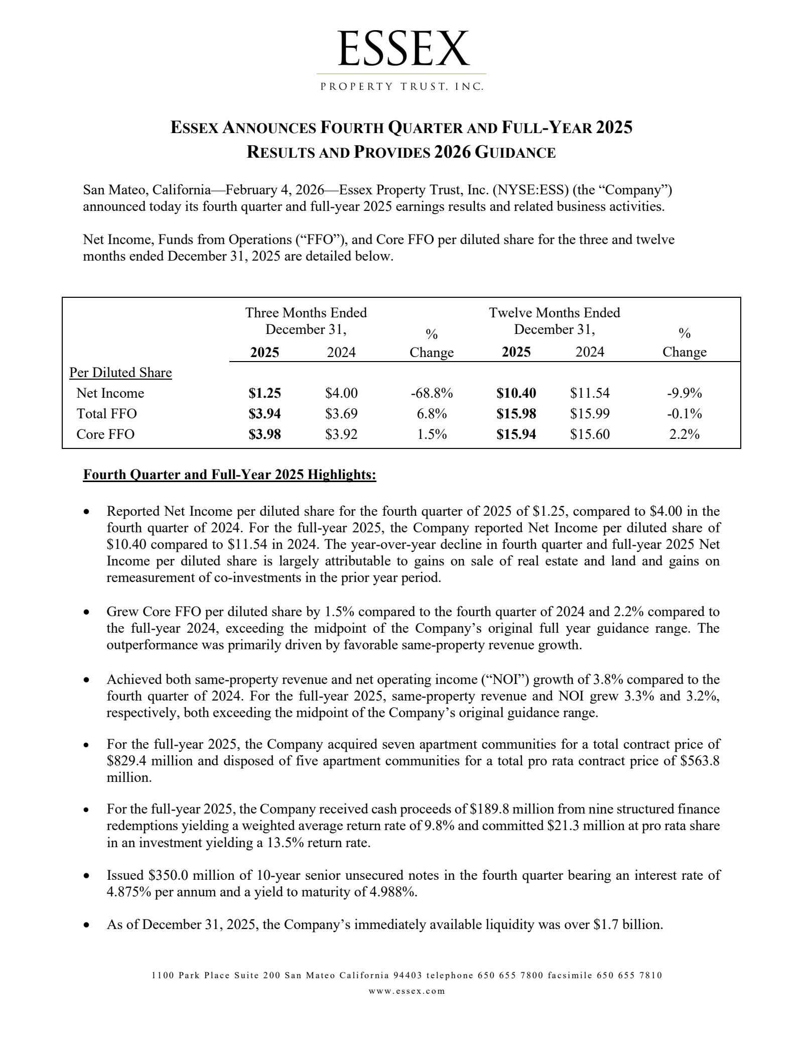 Essex Property Trust's Q4 2025 Press Release
