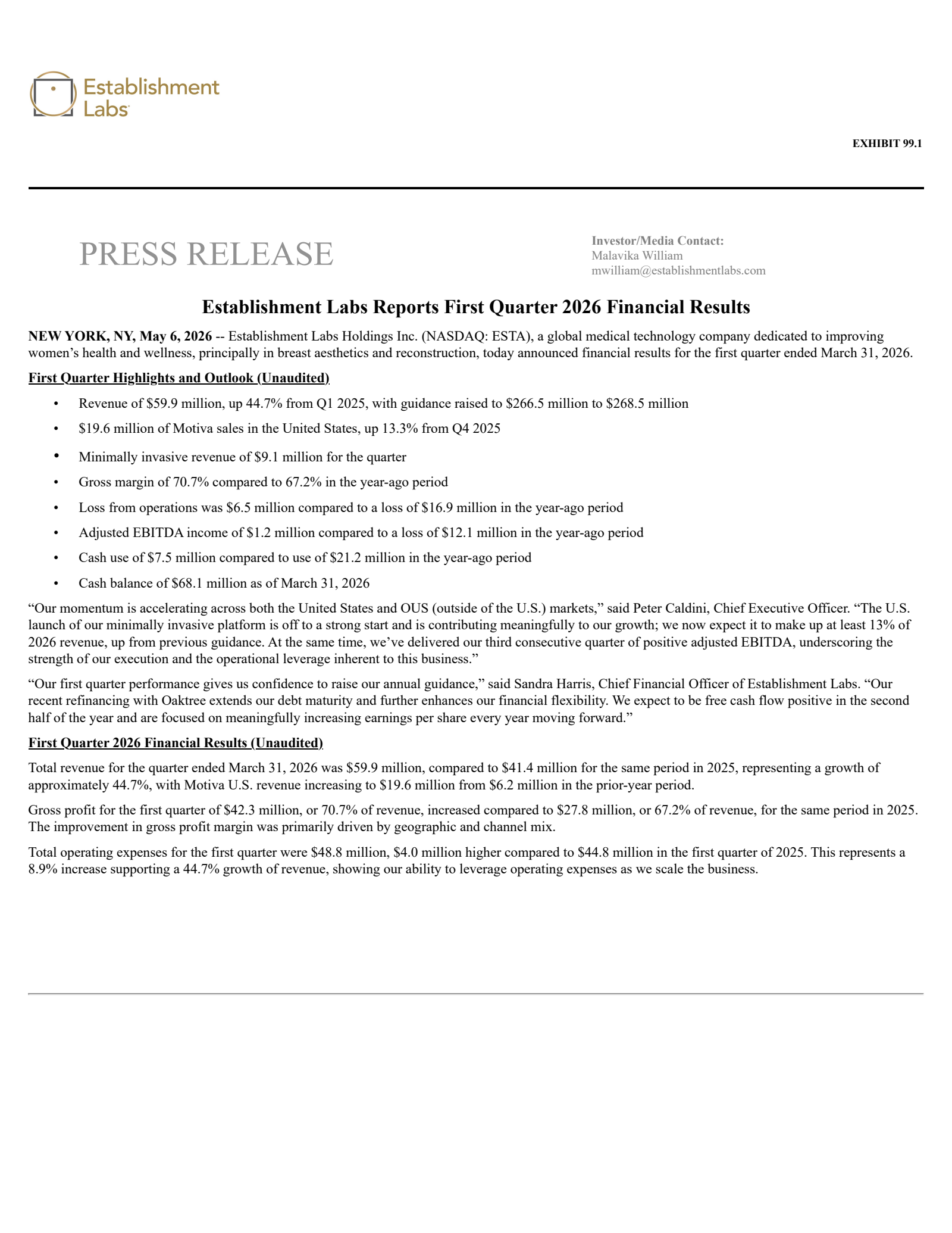Establishment Labs' Q1 2026 Press Release
