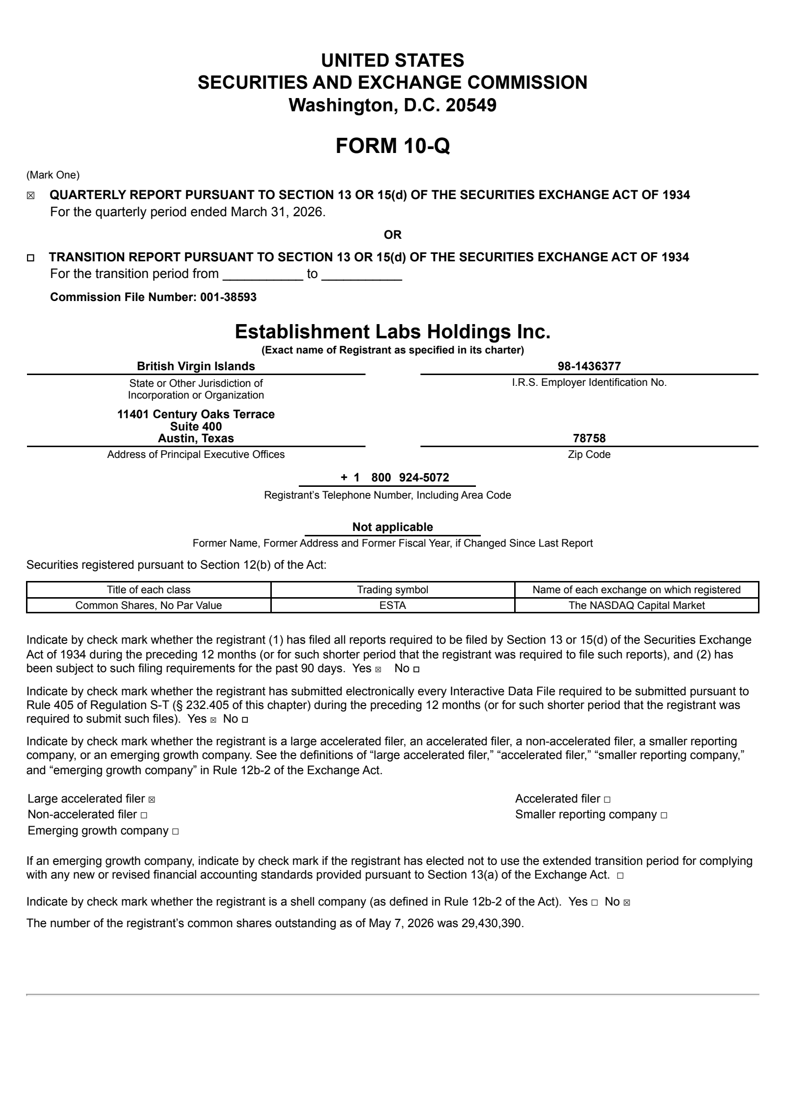 Establishment Labs' Q1 2026 Quarterly report