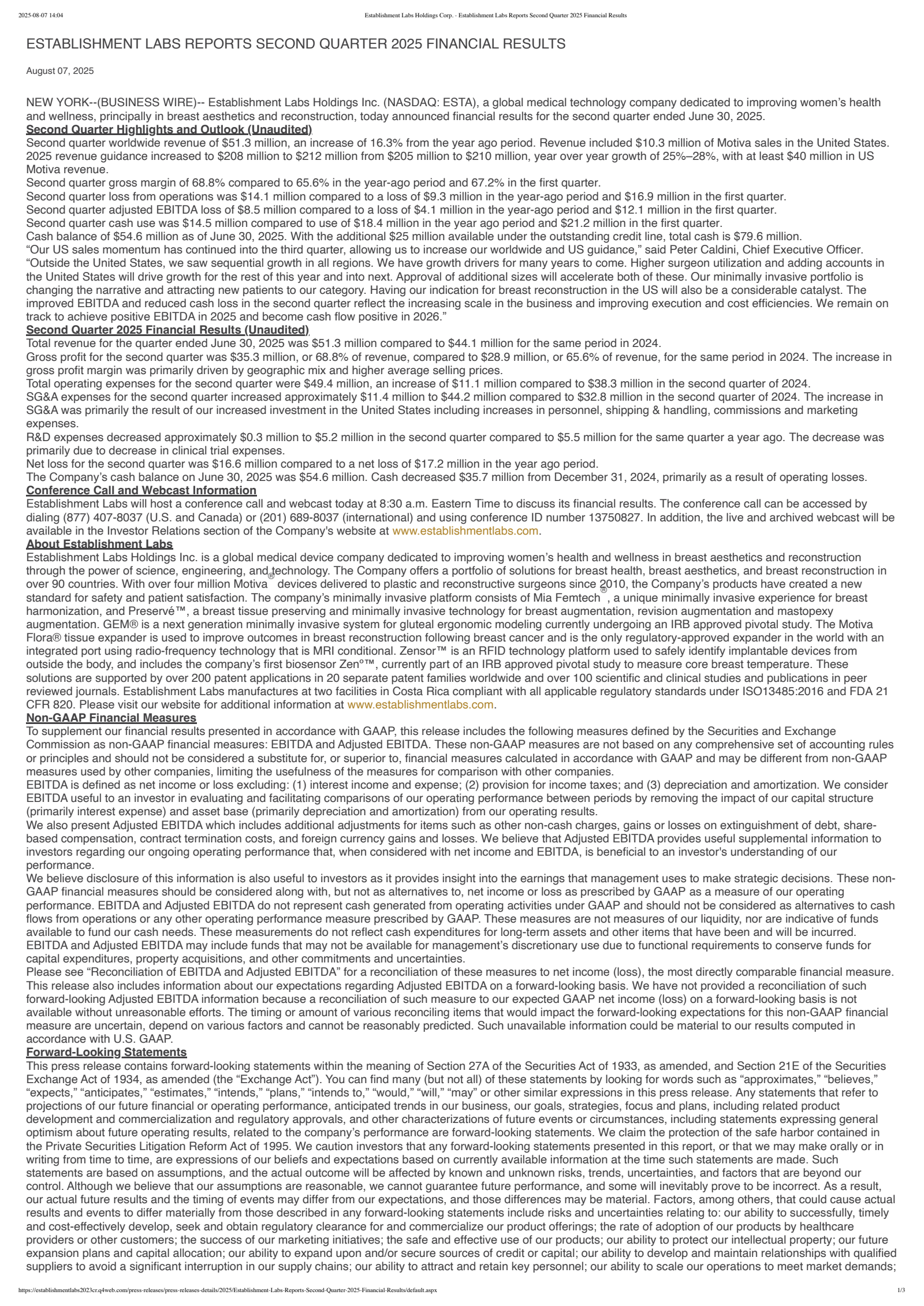 Establishment Labs' Q2 2025 Press Release