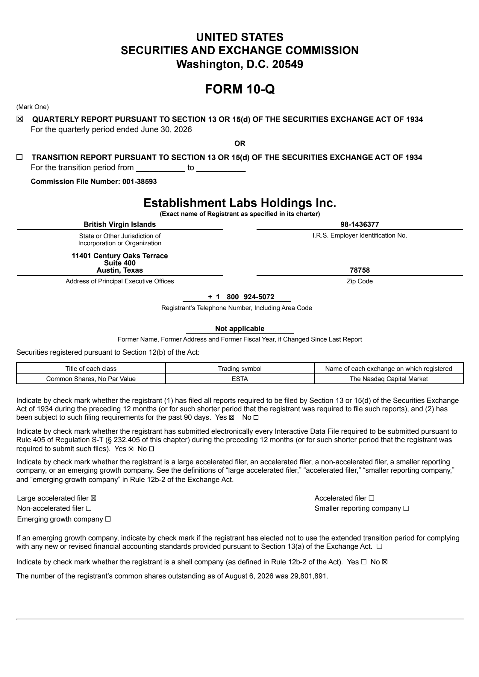 Establishment Labs' Q2 2026 Quarterly report