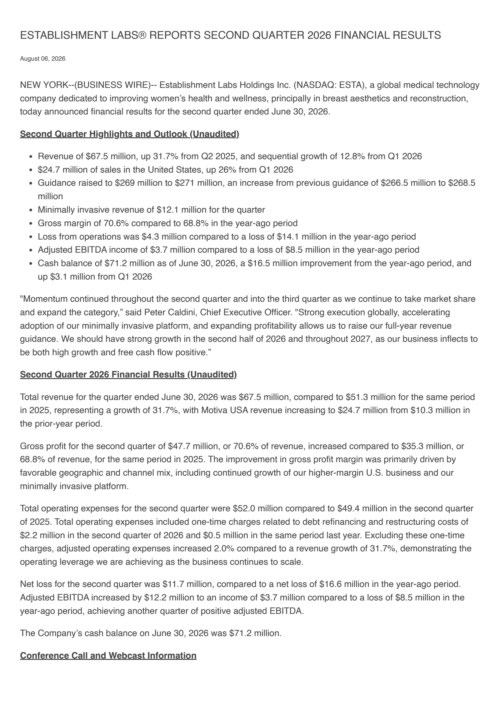Establishment Labs' Q2 2026 Press Release
