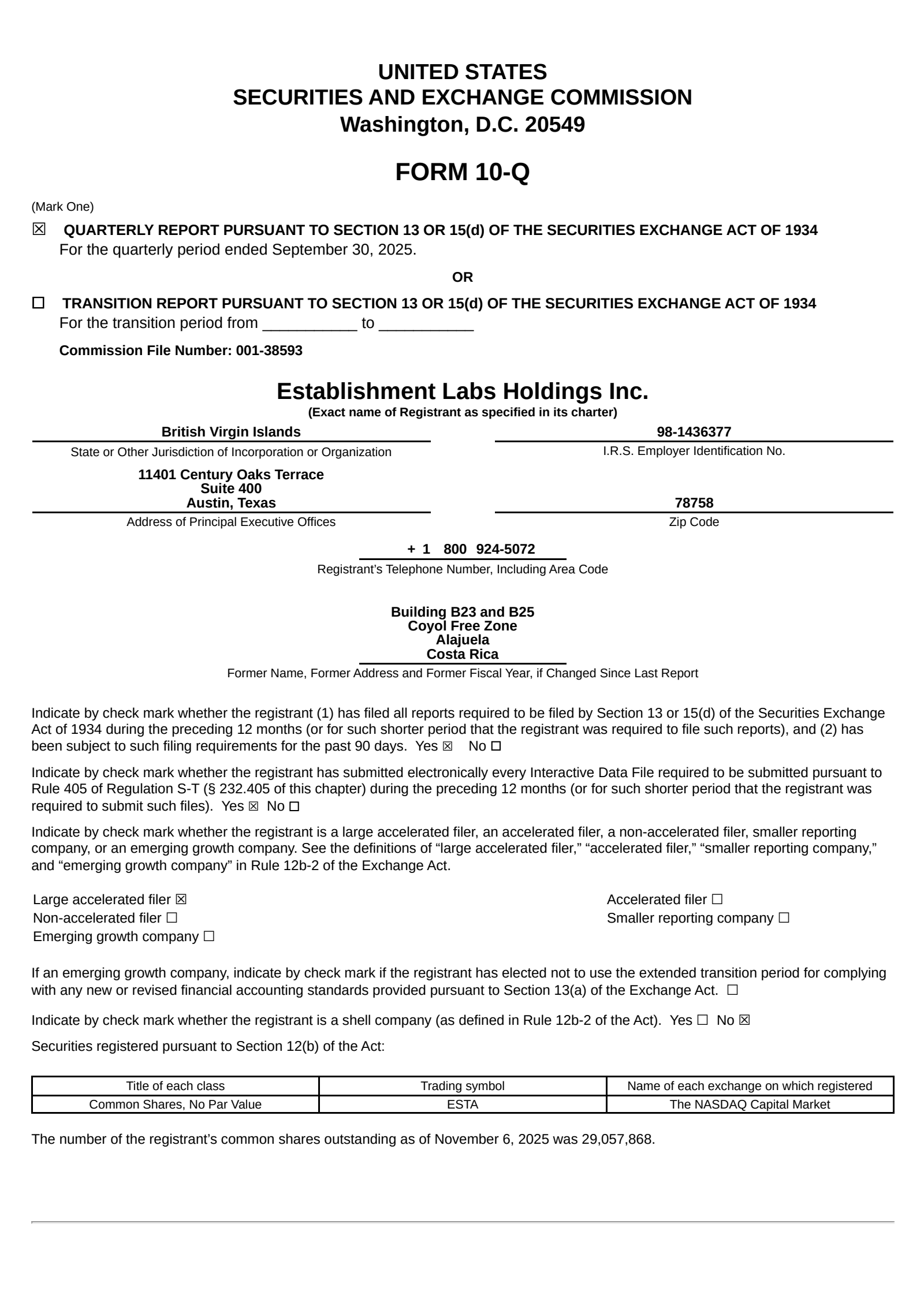 Establishment Labs' Q3 2025 Quarterly Report