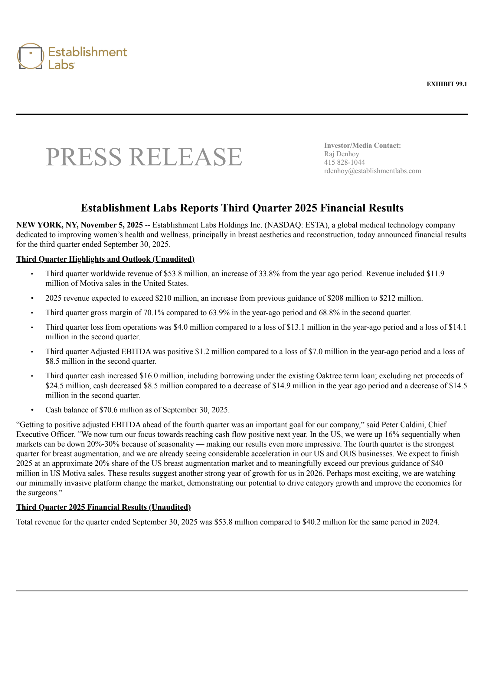 Establishment Labs' Q3 2025 Earnings Release
