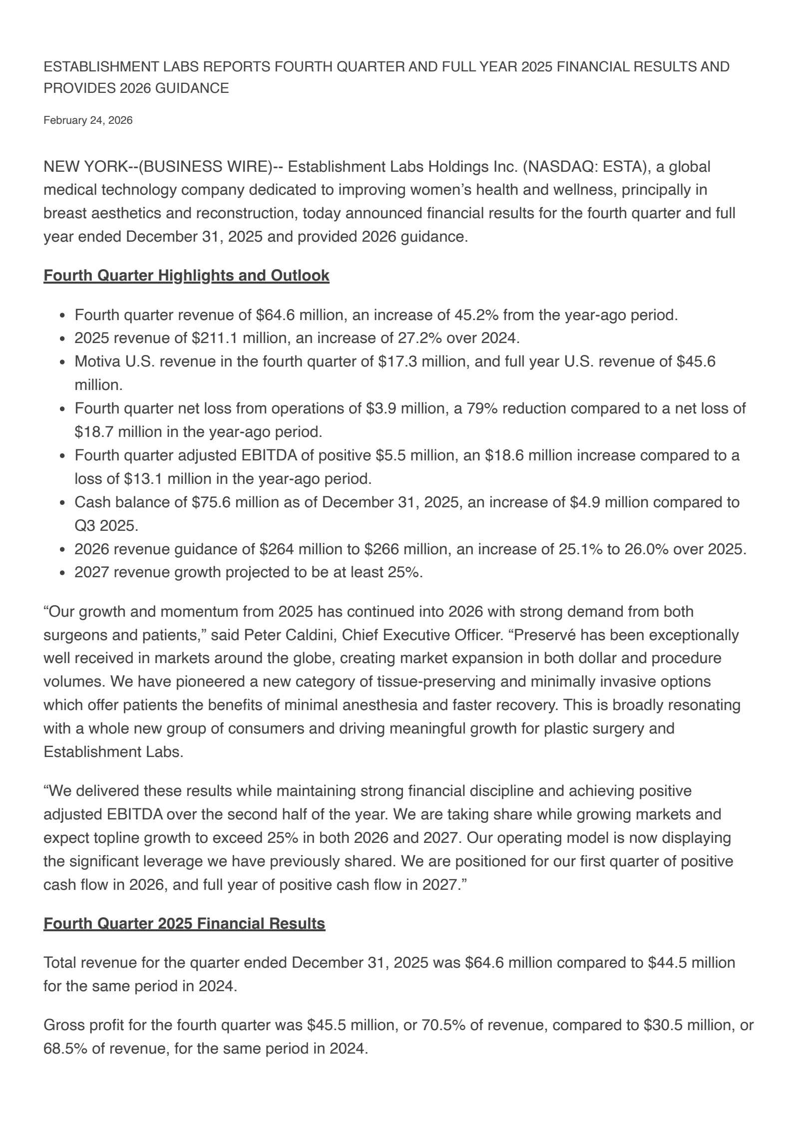 Establishment Labs' Q4 2025 Press Release