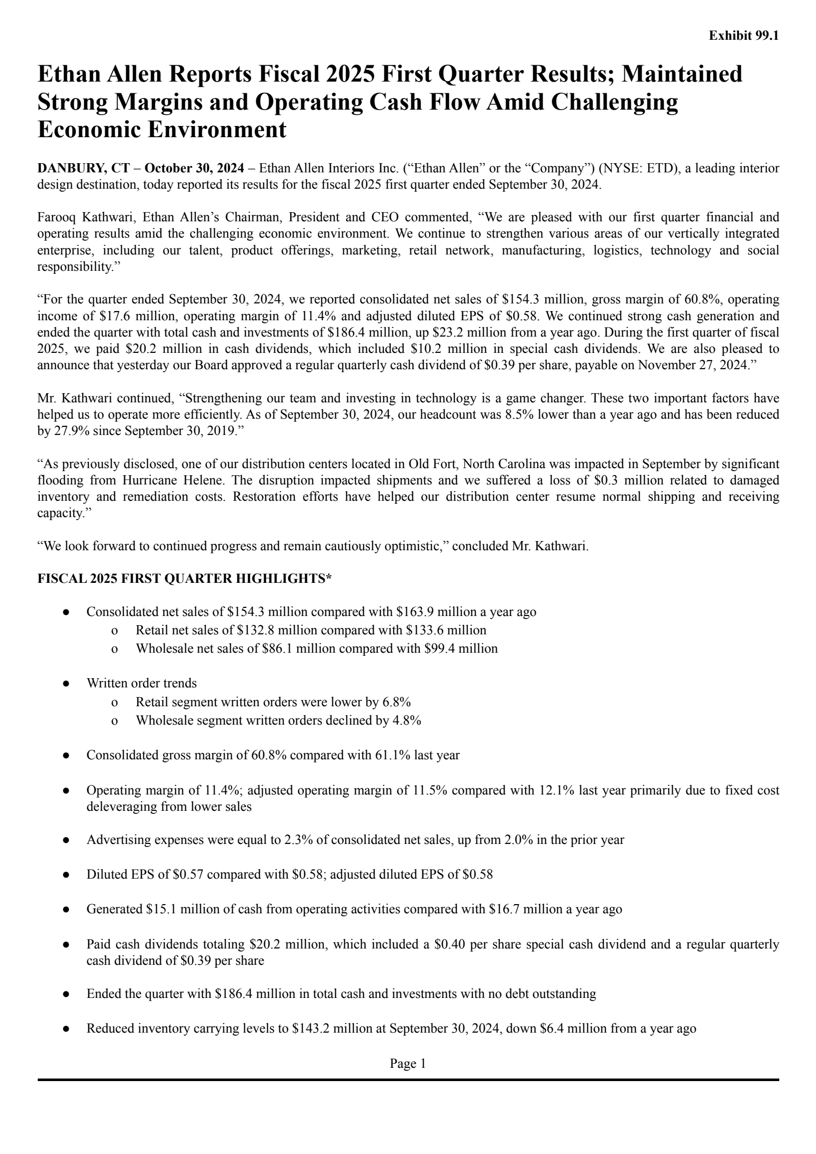 Ethan Allen Interiors' Q1 2025 Press Release