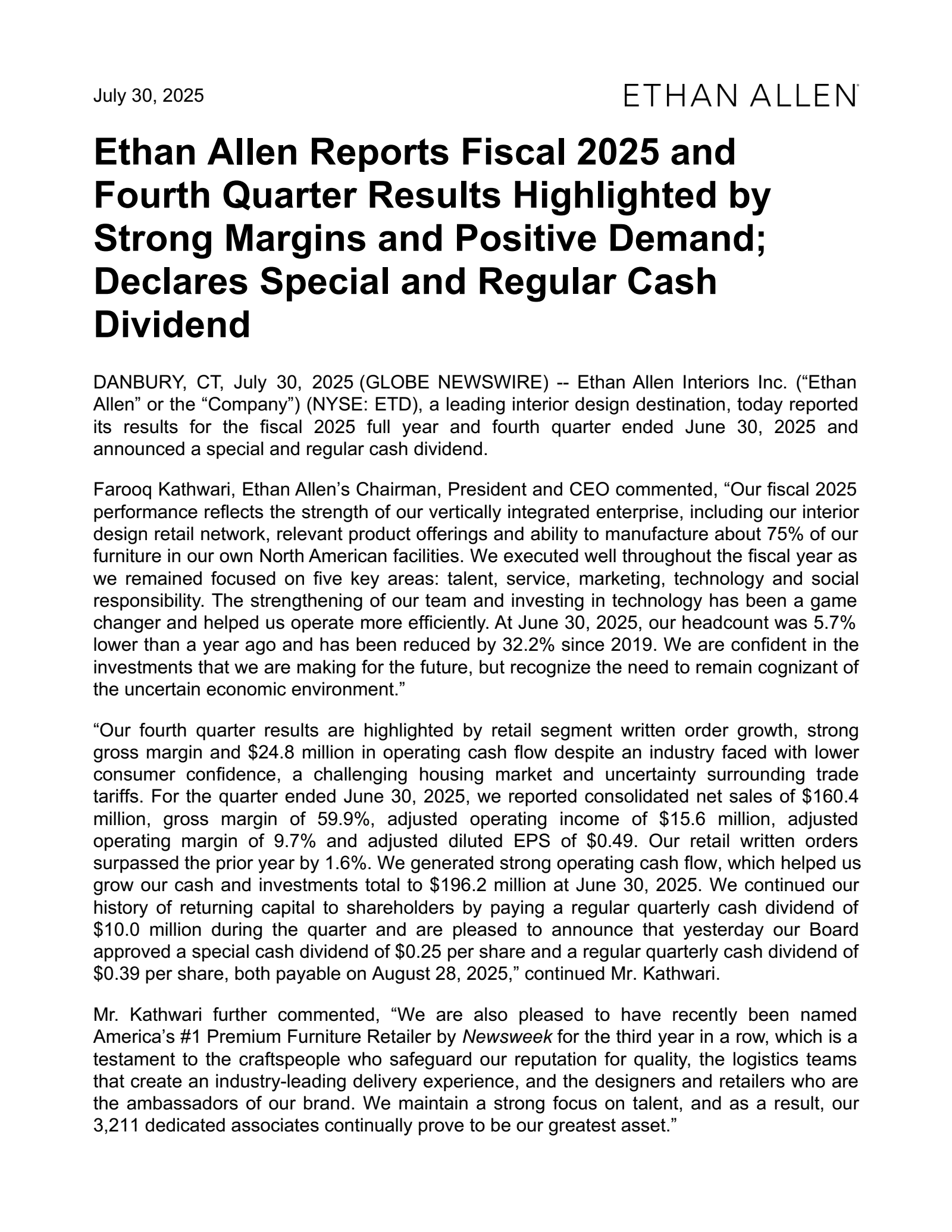 Ethan Allen Interiors' Q4 2025 Press Release