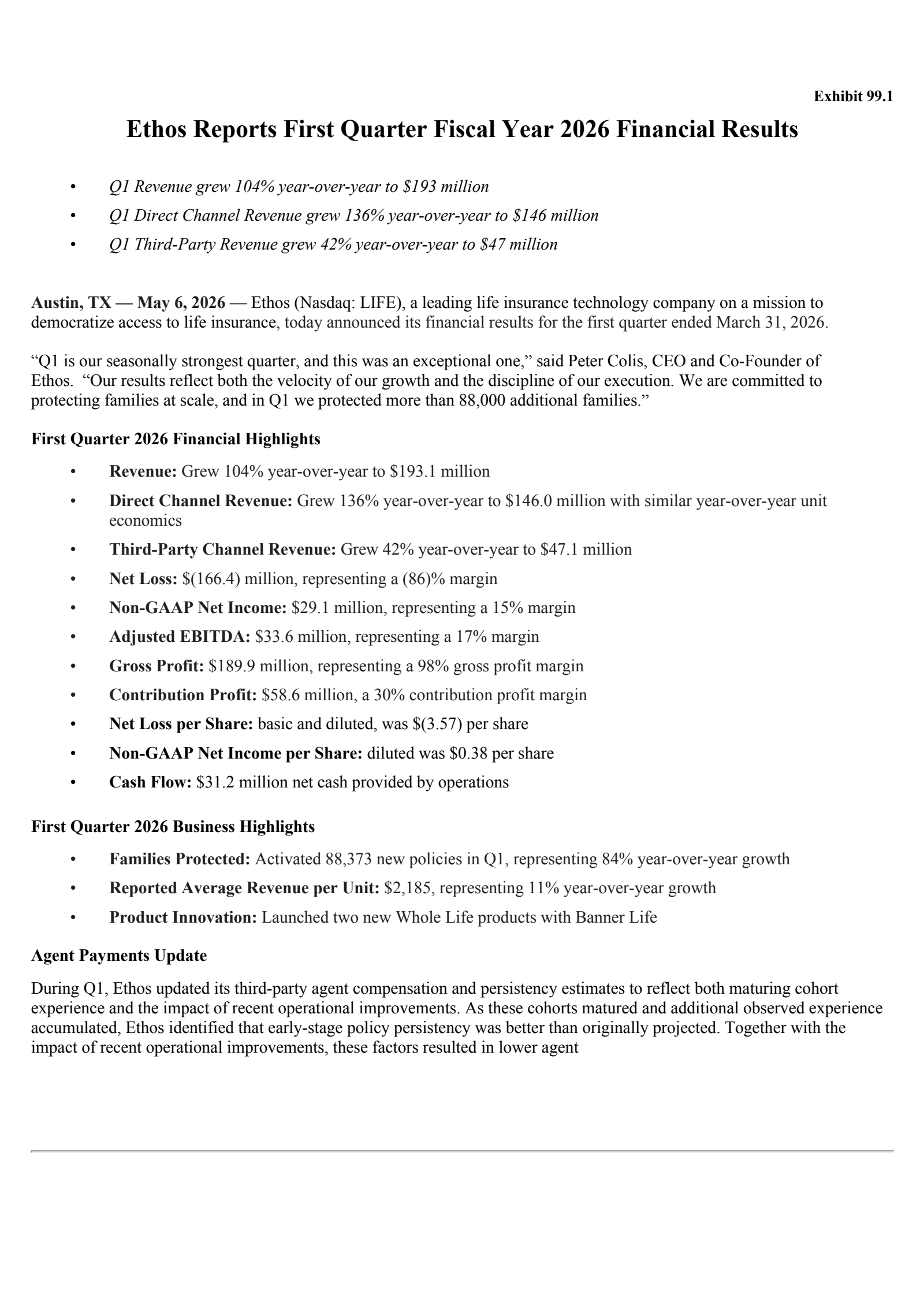 Ethos Technologies Inc. Class A Common Stock's Q1 2026 Press Release