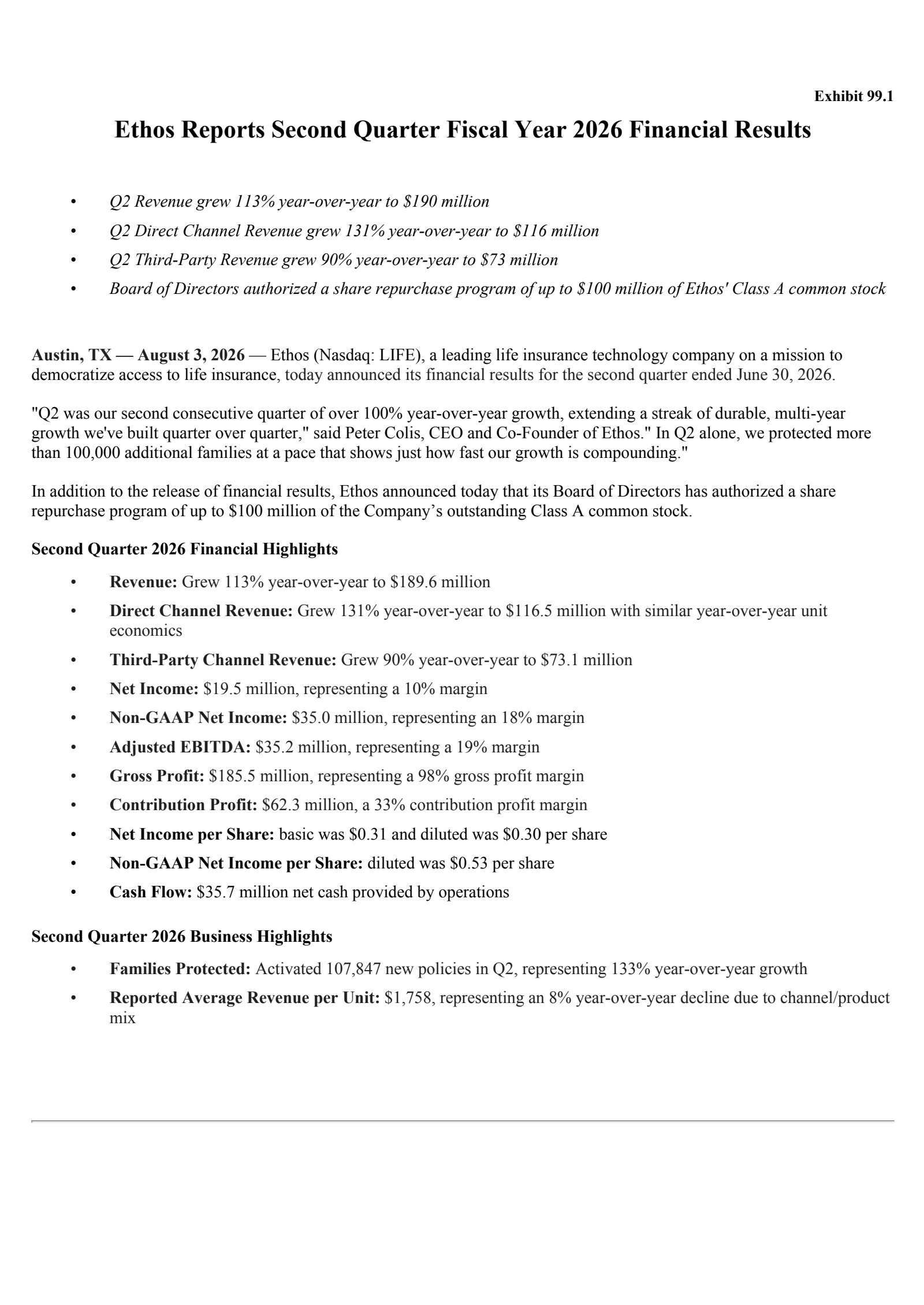 Ethos Technologies Inc. Class A Common Stock's Q2 2026 Press Release