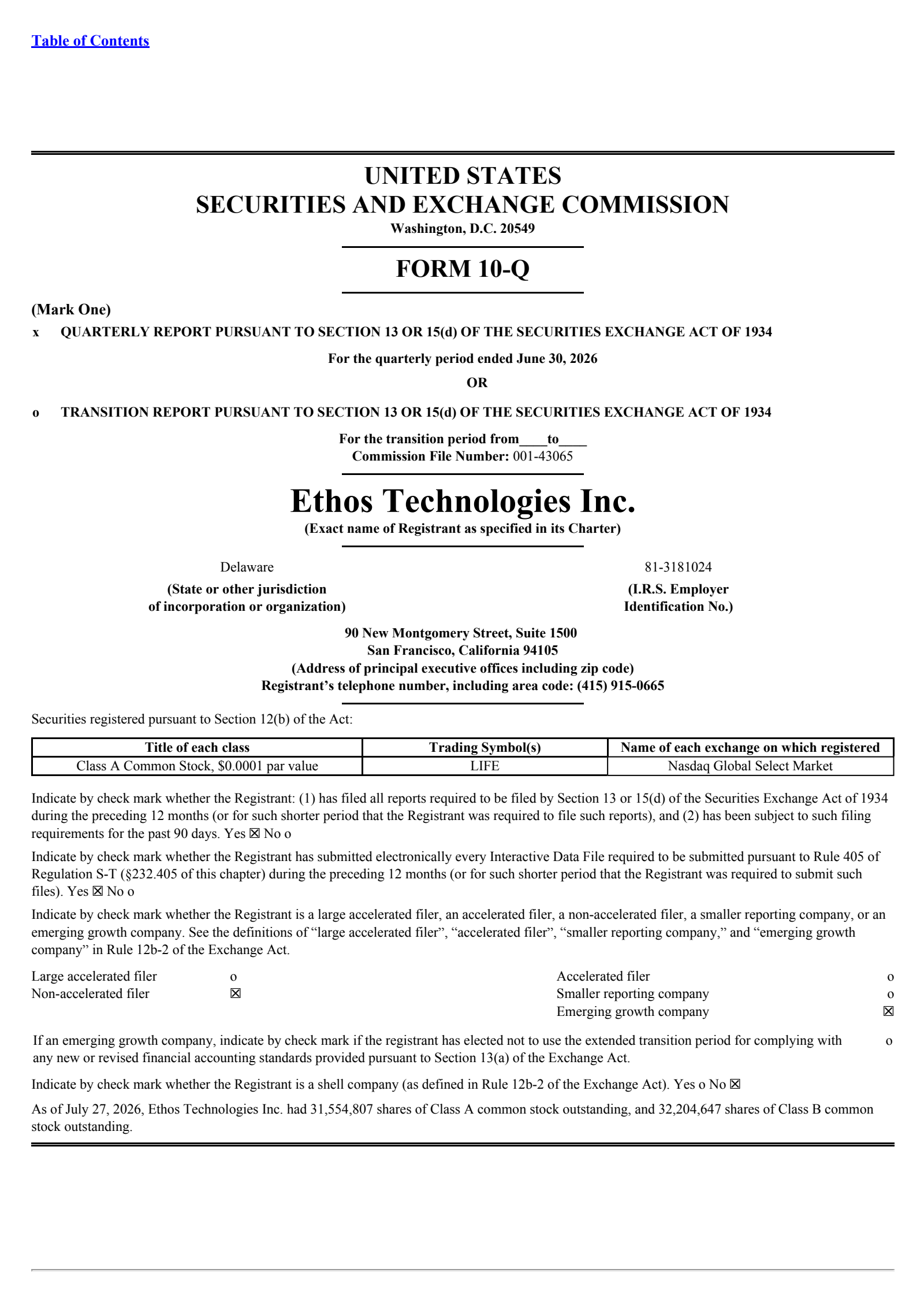 Ethos Technologies Inc. Class A Common Stock's Q2 2026 Quarterly report
