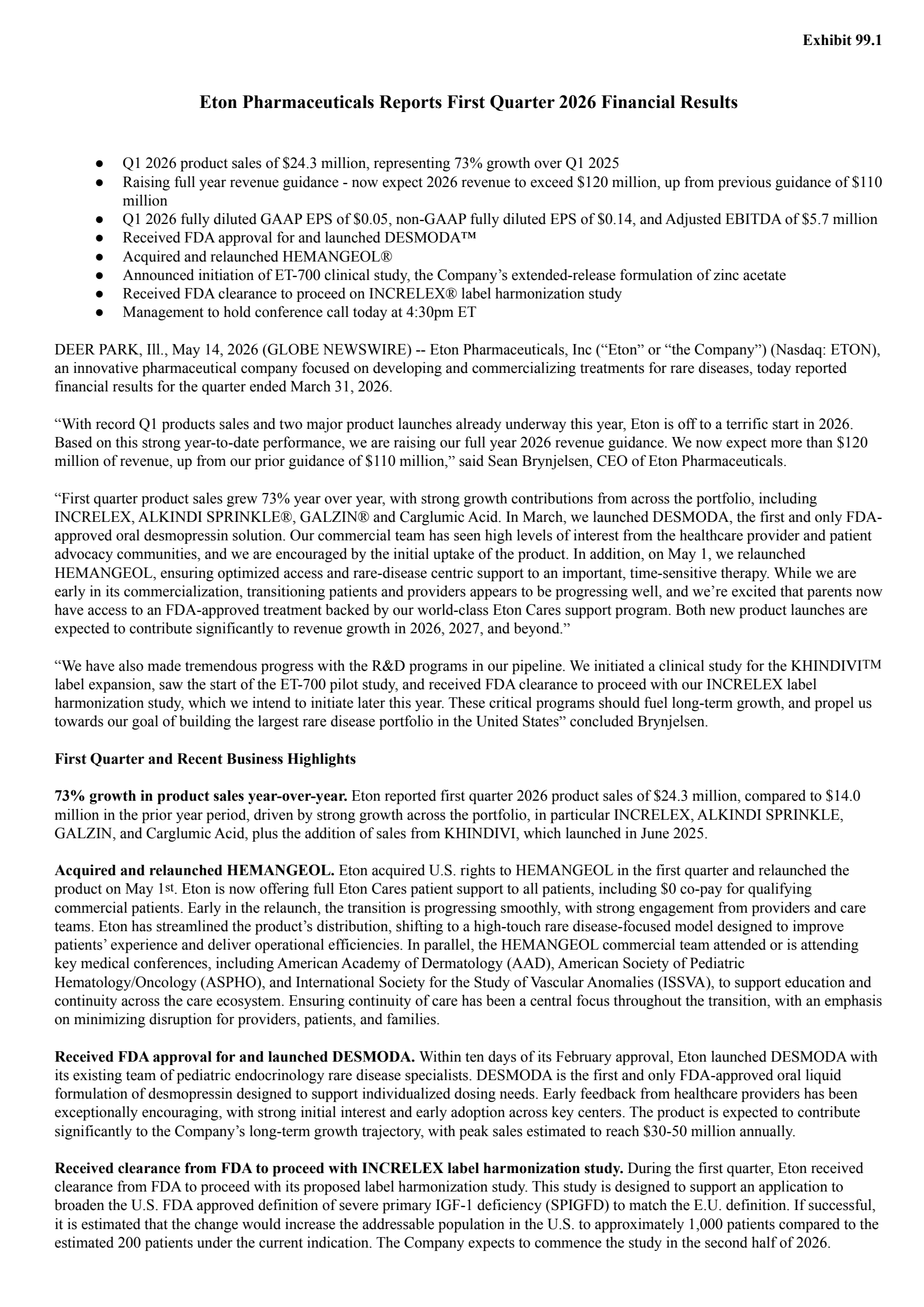 Eton Pharmaceuticals' Q1 2026 Press Release