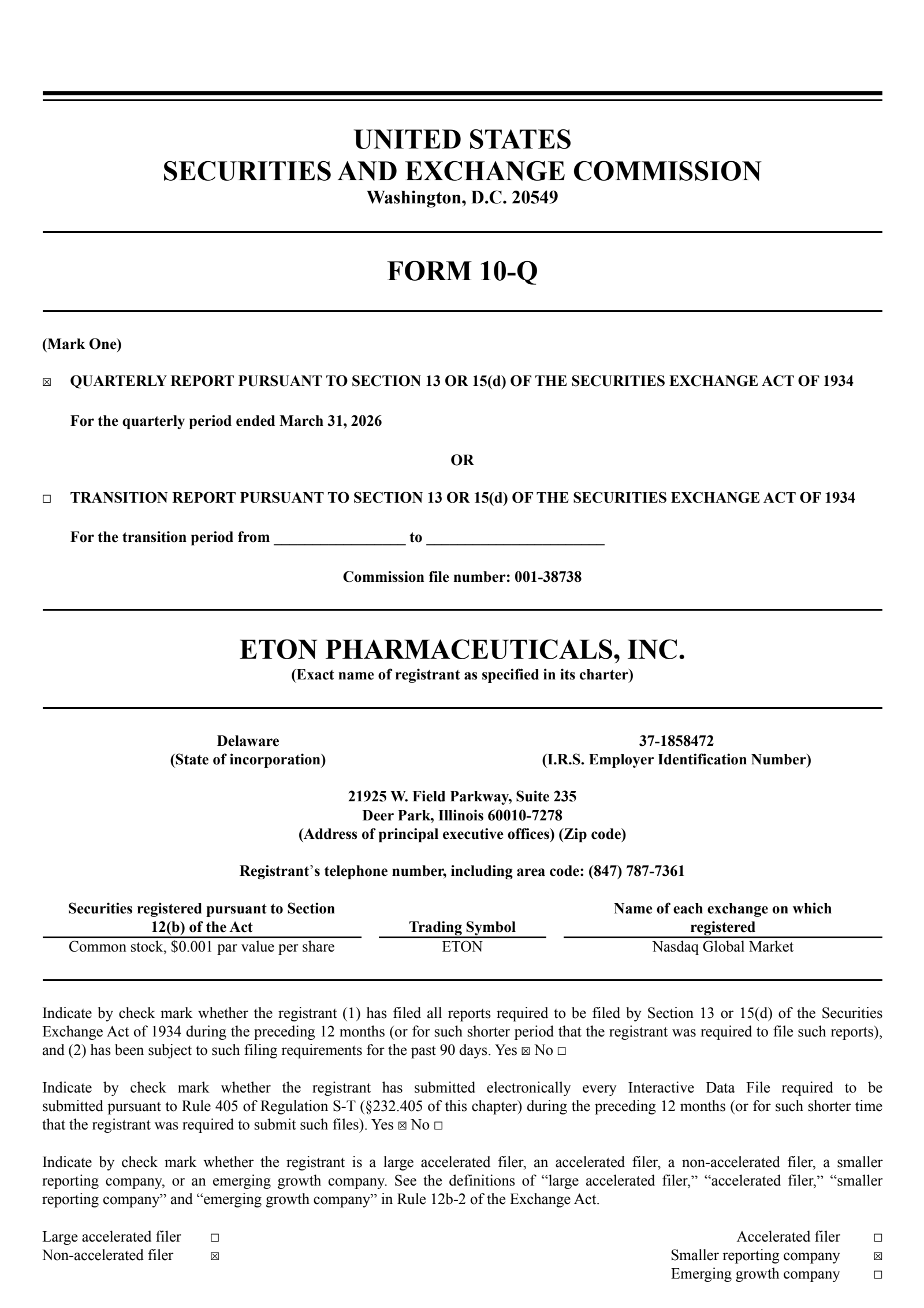 Eton Pharmaceuticals' Q1 2026 Quarterly report
