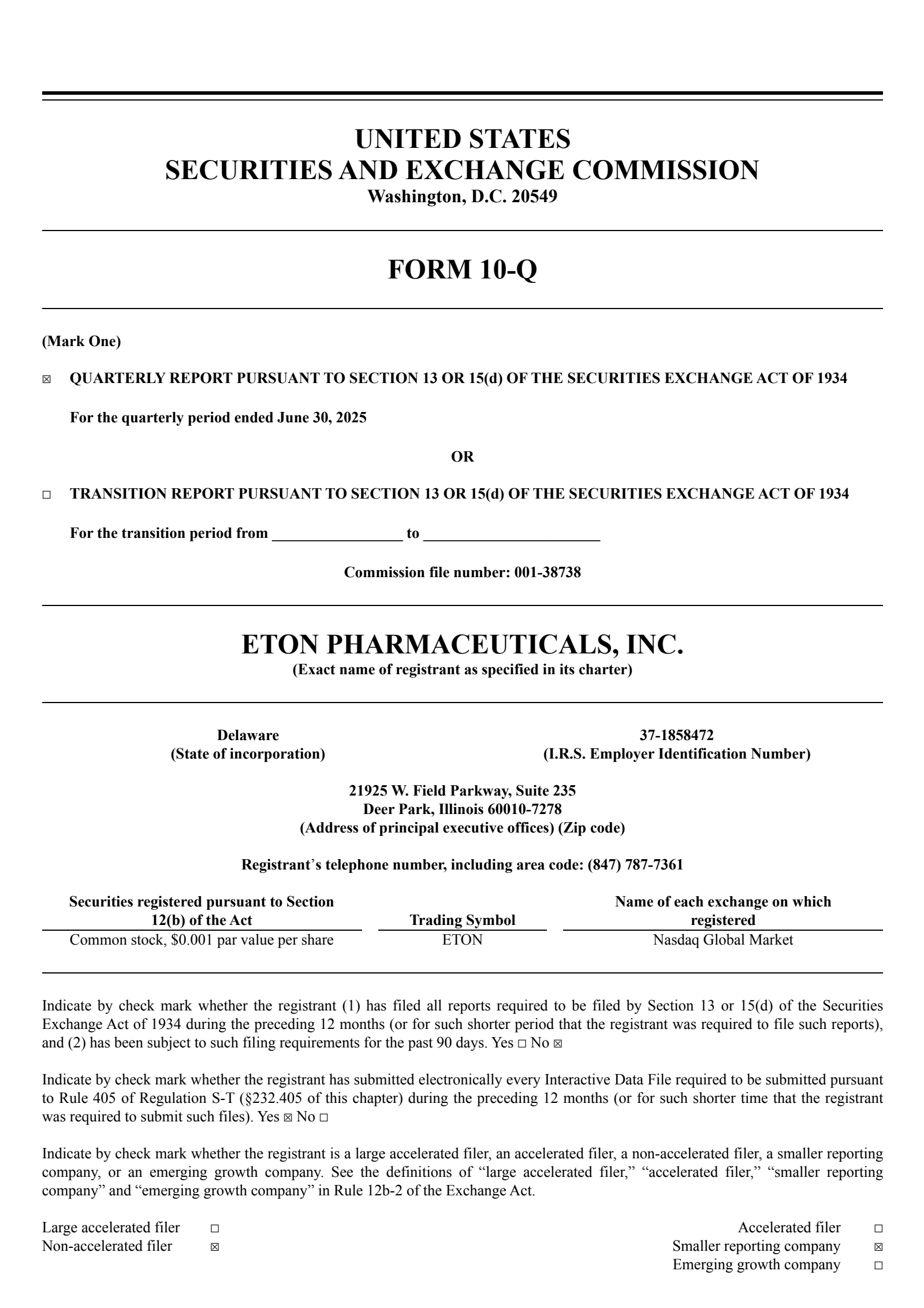 Eton Pharmaceuticals' Q2 2025 Quarterly report
