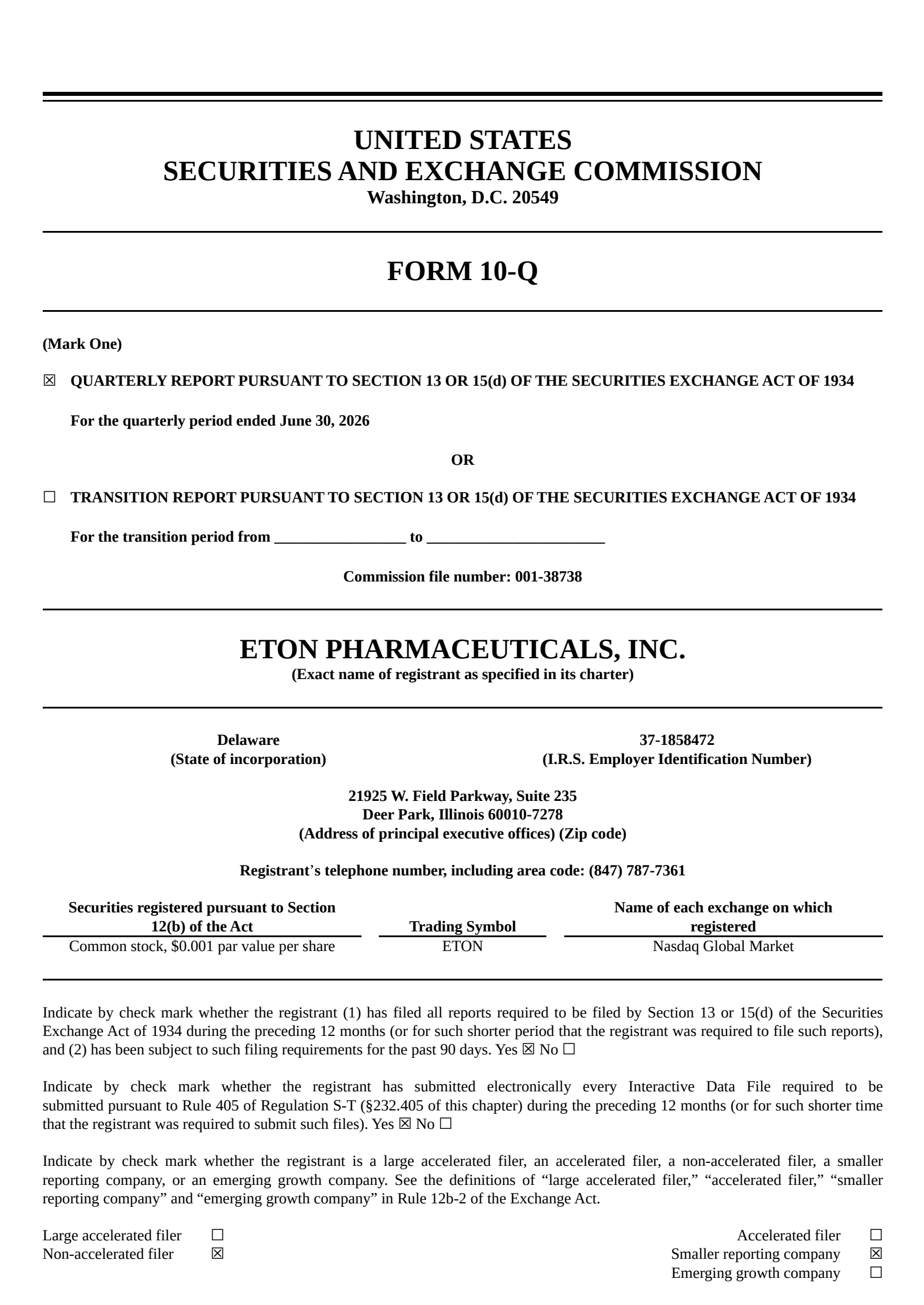 Eton Pharmaceuticals' Q2 2026 Quarterly report