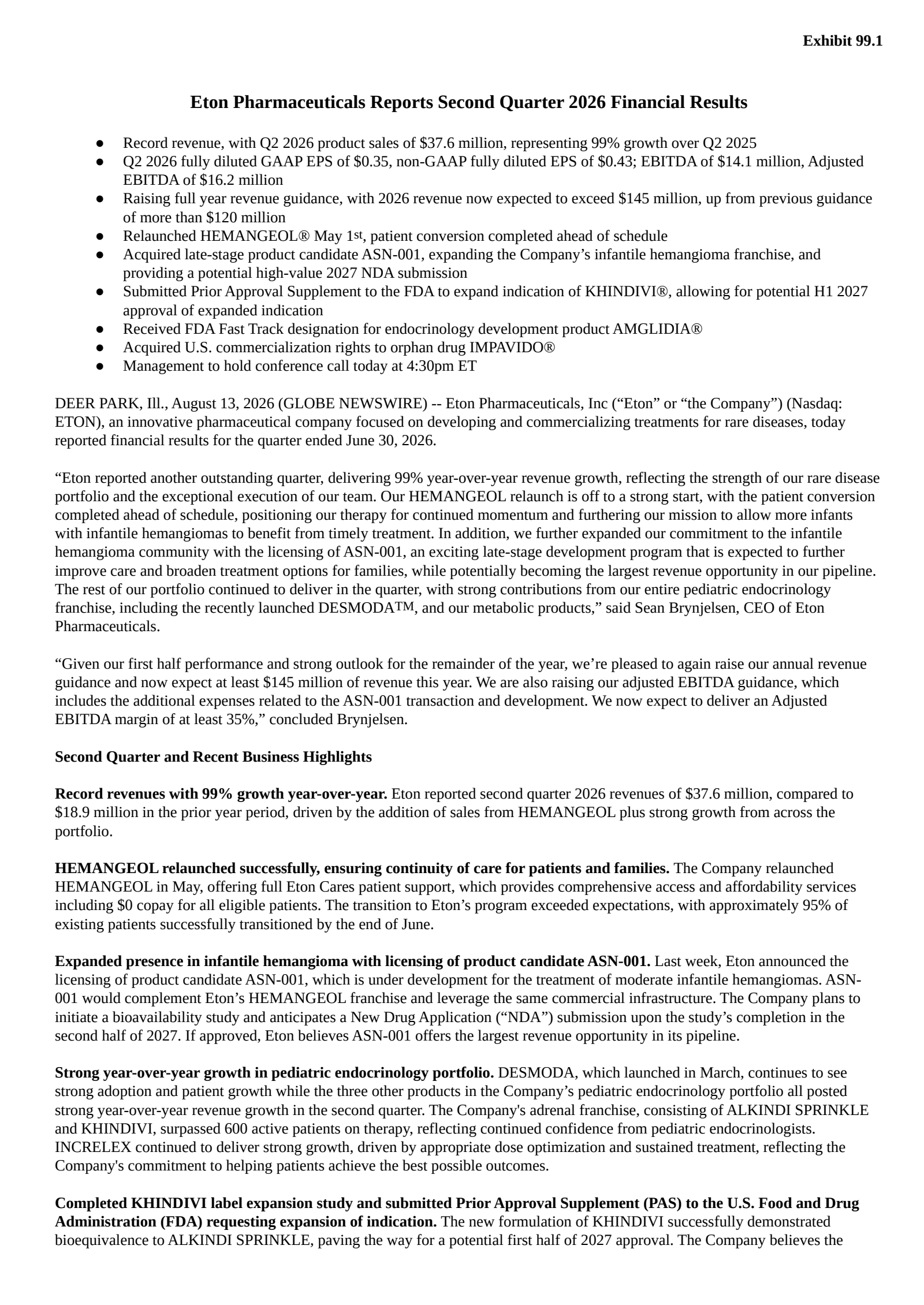 Eton Pharmaceuticals' Q2 2026 Press Release