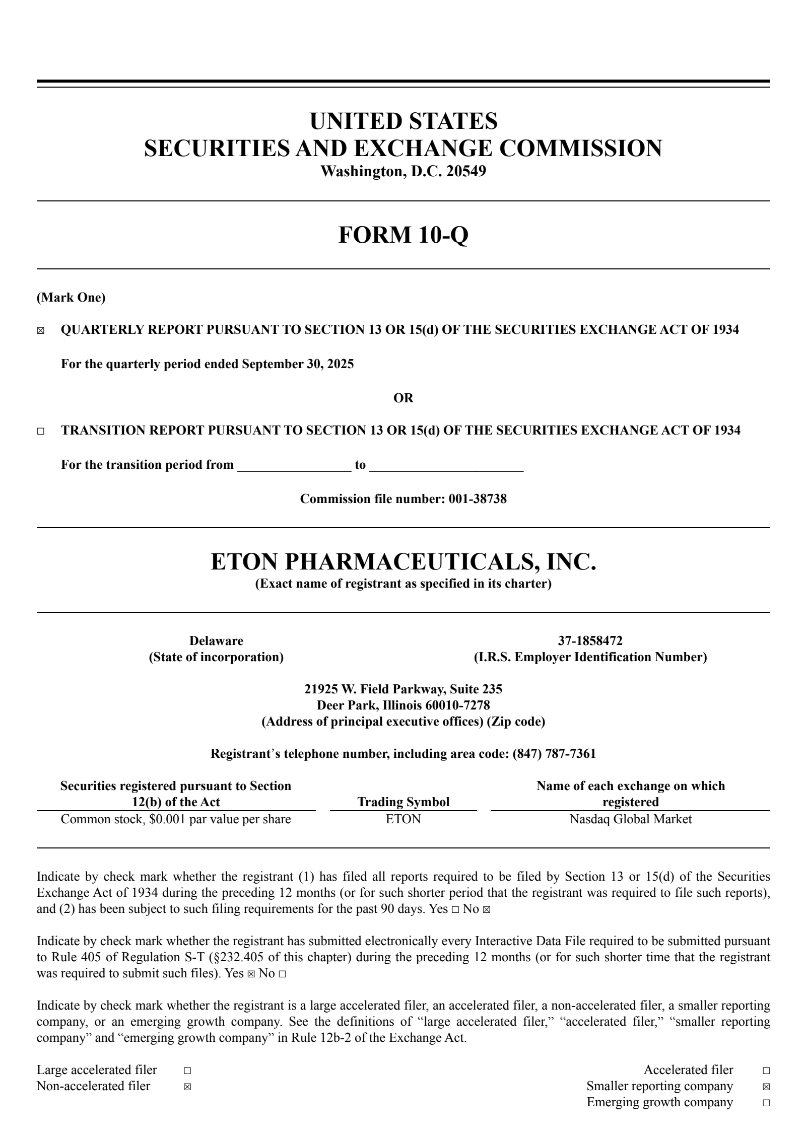 Eton Pharmaceuticals' Q3 2025 Quarterly Report