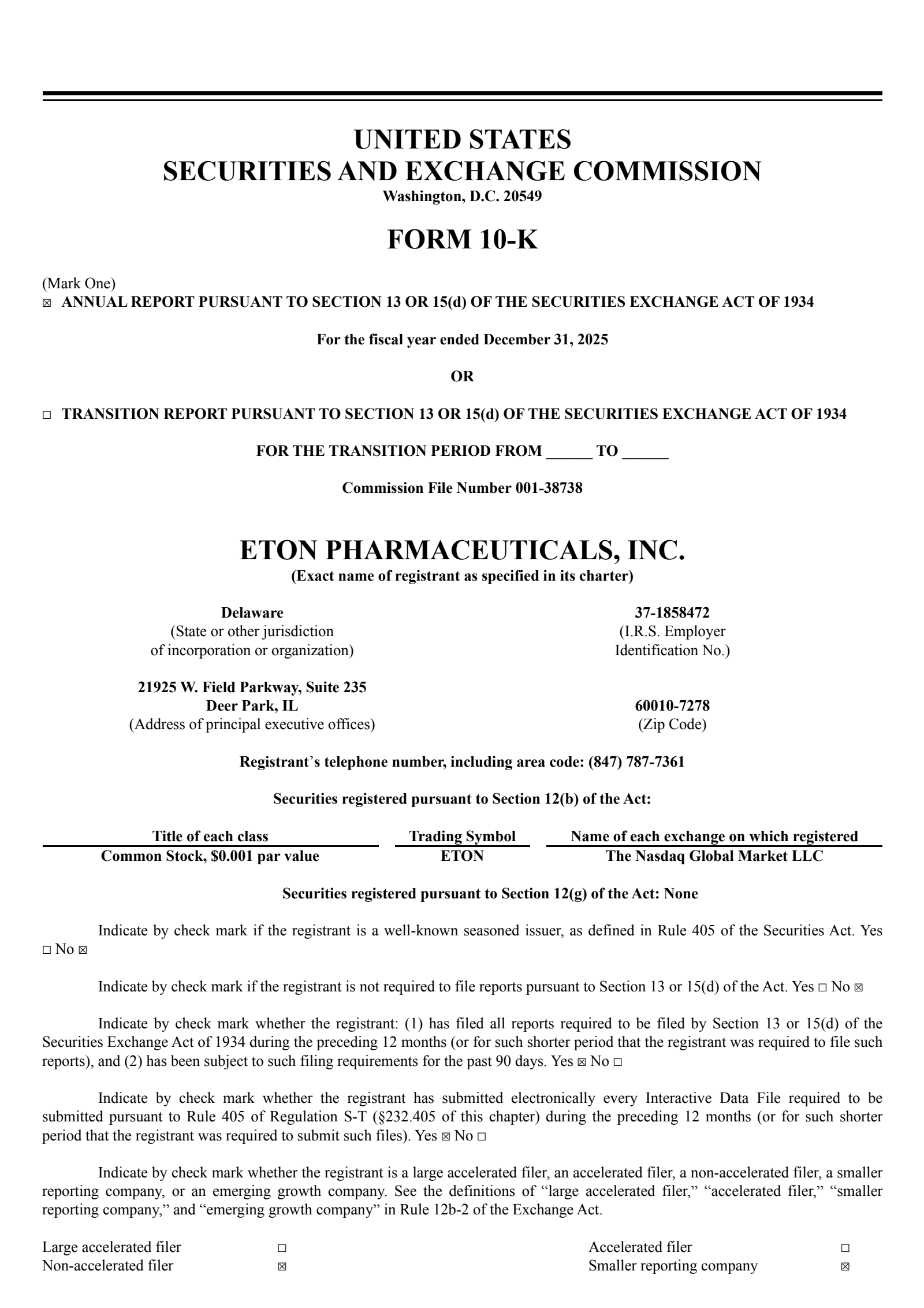 Eton Pharmaceuticals' Q4 2025 Annual report